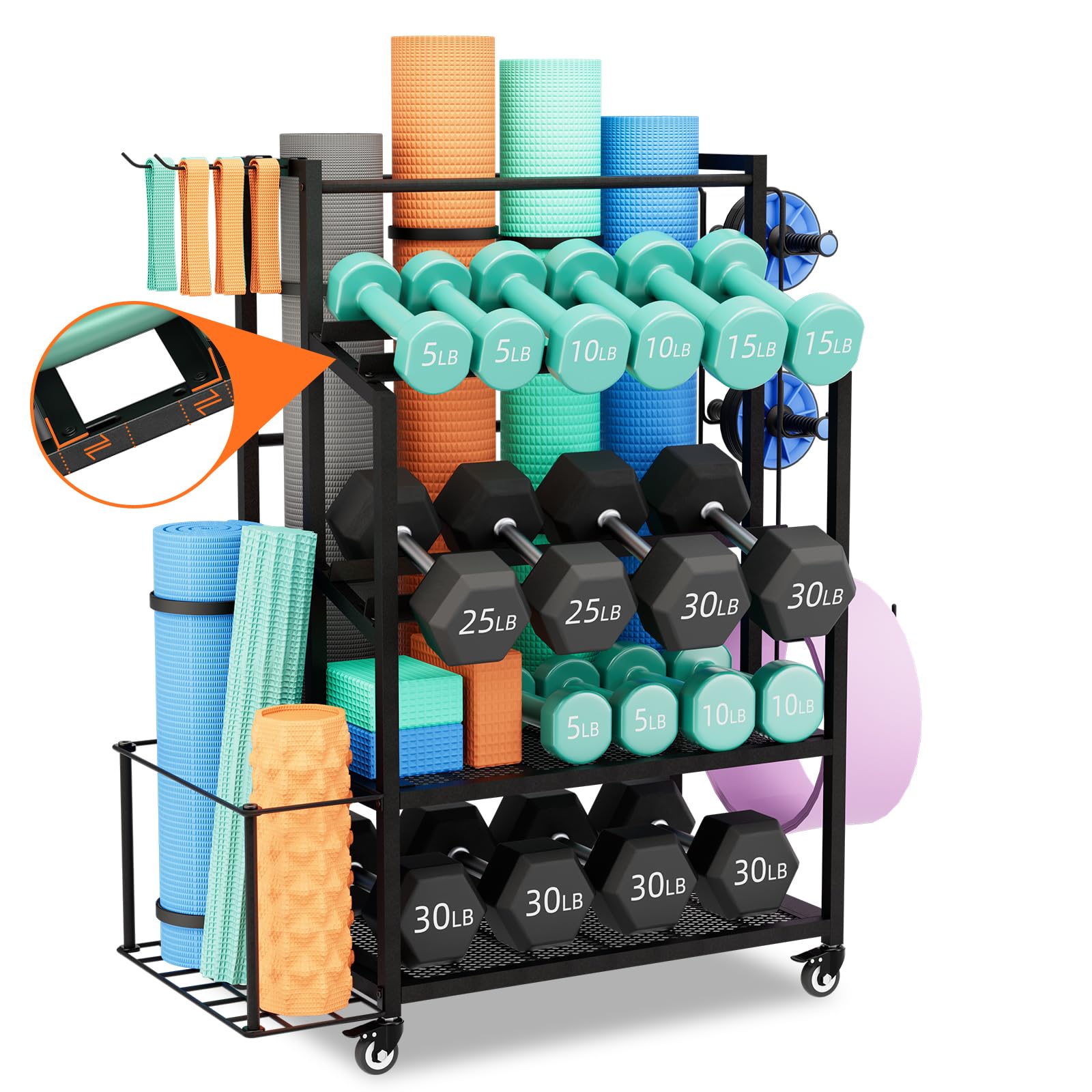 Bonvork 600LBS Adjustable Dumbbell Rack with Wheels - Heavy Duty Weight Stand for Home Gym, Organizer for Dumbbells, Kettlebells, Yoga Mats & Foam Rollers - Perfect for Garage, Basement & Home Workout Spaces