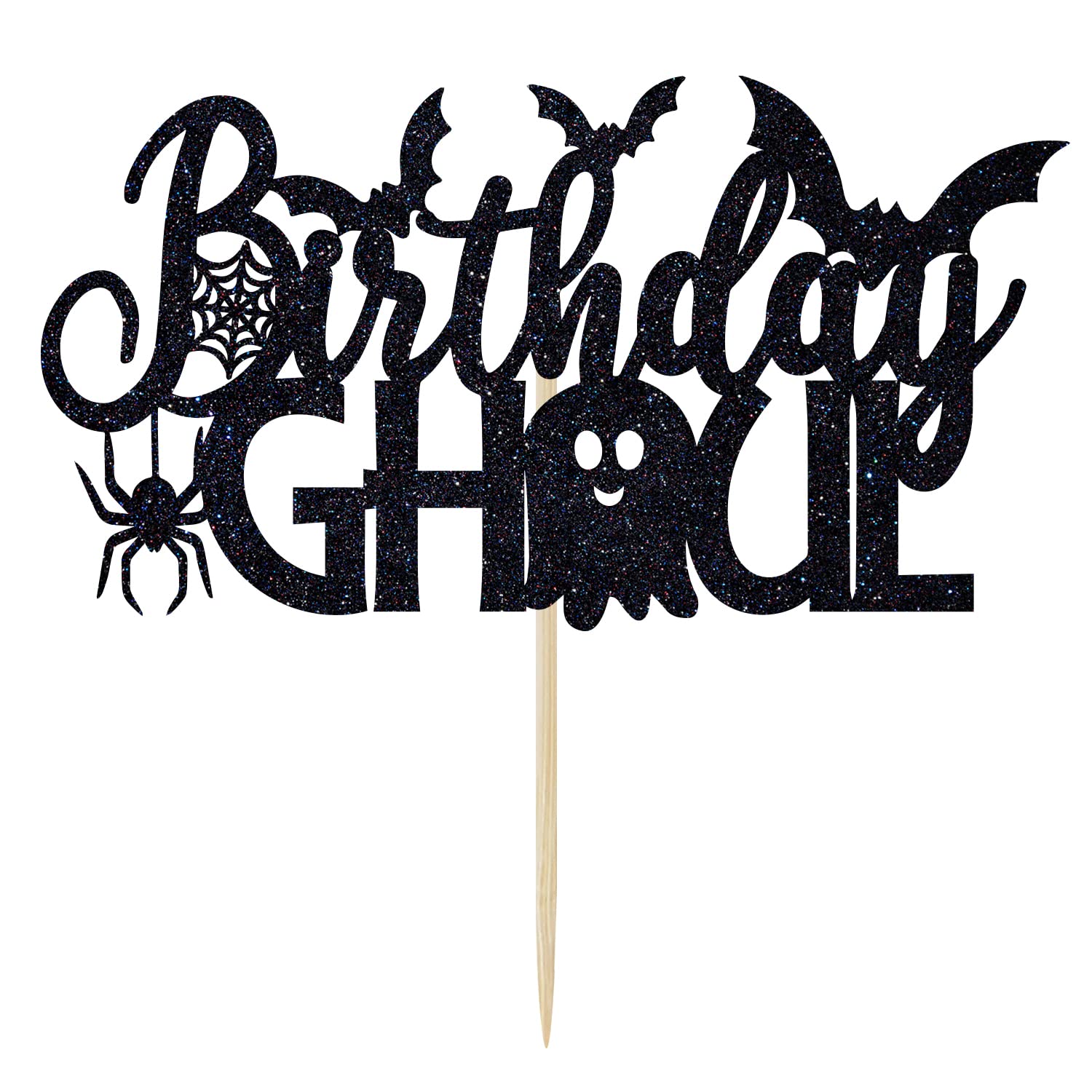 Black Glitter Birthday Ghoul Cake Topper - Happy Halloween Ghost Cake Decor for Birthday Parties, Halloween Celebrations & Spooky Themed Events - Perfect for Cake Decoration, Party Supplies & Festive Dessert Toppings