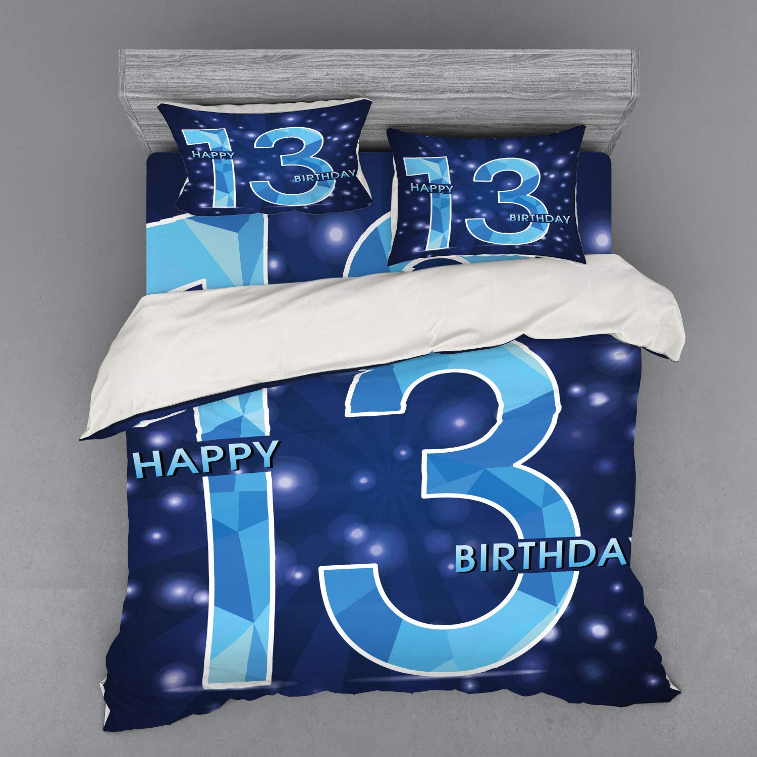 Ambesonne 13th Birthday Bedding Set - King Size 4-Piece Duvet Cover with Shams & Fitted Sheet - Dark Blue Polygonal Emblem & Stars Design - Perfect for Teen Room Decor & Birthday Gifts