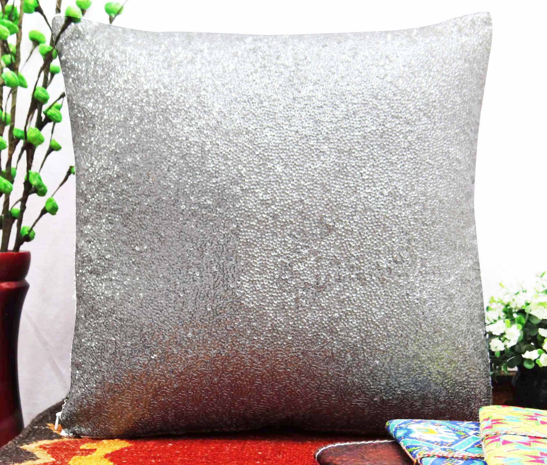 YUGA Metallic Silver Sequin Throw Pillow Cover 18x18 Inches - Glitter Cushion for Wedding Decor, Living Room, Bedroom & Lounge - Soft & Stylish Home Accent