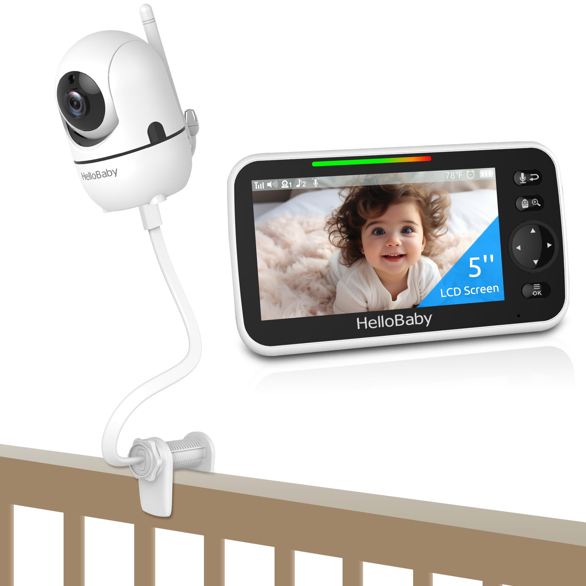 HelloBaby 5'' HD Video Baby Monitor with Camera & Audio, 30-Hour Battery Life, Flexible Crib Clip & Long Gooseneck Arm - Perfect for Nursery, Travel & Nighttime Baby Monitoring