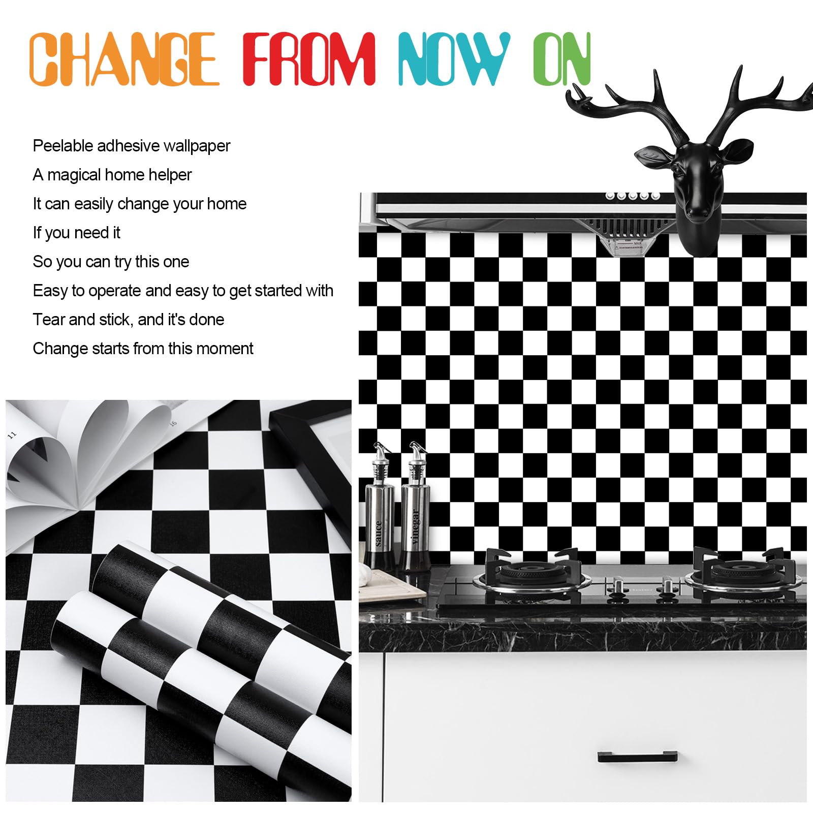 Amiya Black and White Checkered Peel and Stick Wallpaper - 17.3”x80” Self-Adhesive Vinyl Contact Paper for Shelf Liner, Cabinets, Furniture, Bedroom & Living Room Decor - Easy Removable Modern Checkerboard Mosaic Pattern for Home Renovation and DIY Projects