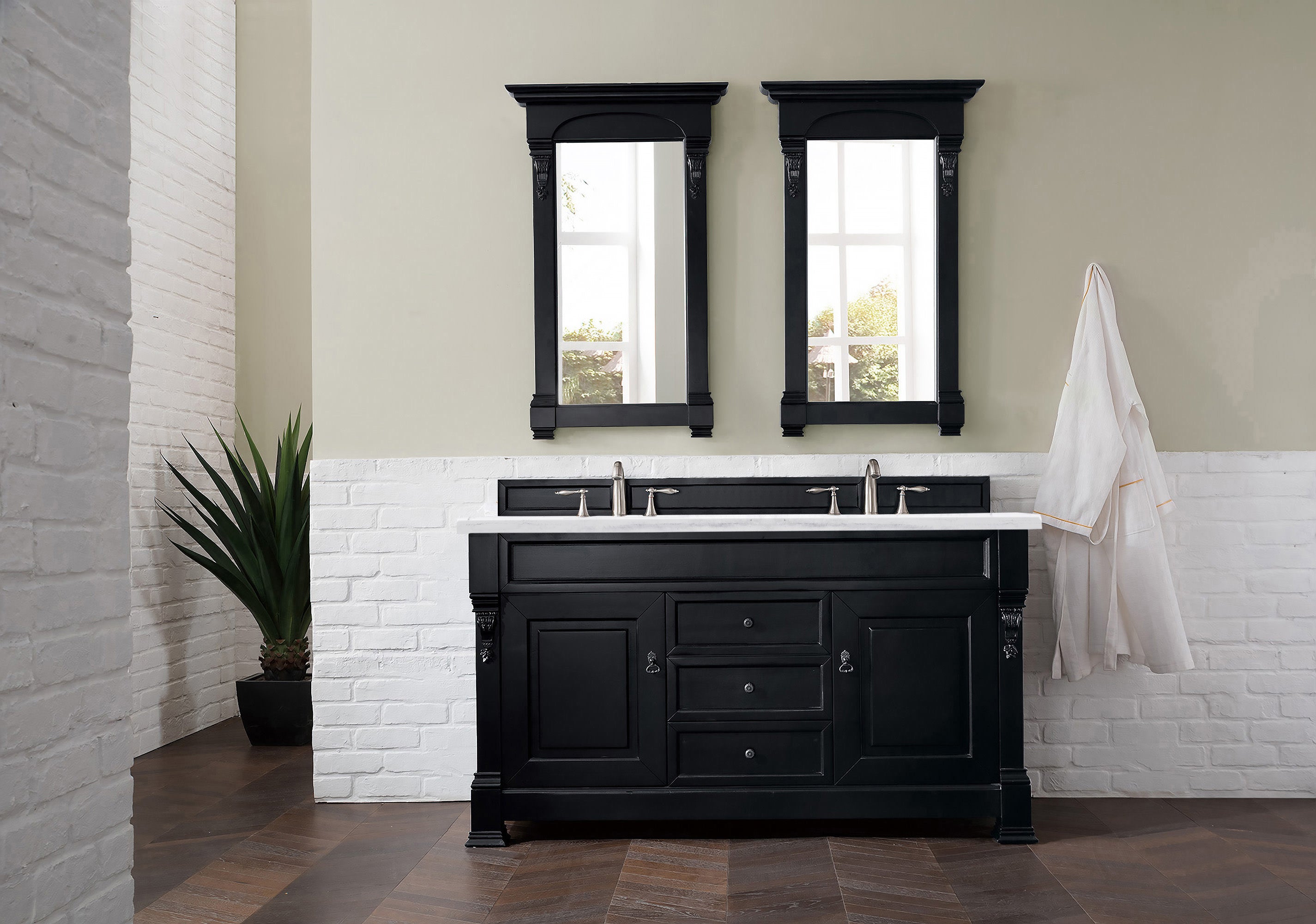Brookfield 60-Inch Double Vanity Sink with Antique Black Finish & 3CM Arctic Fall Solid Surface Top - Perfect for Modern Bathroom Renovations and Luxury Home Upgrades