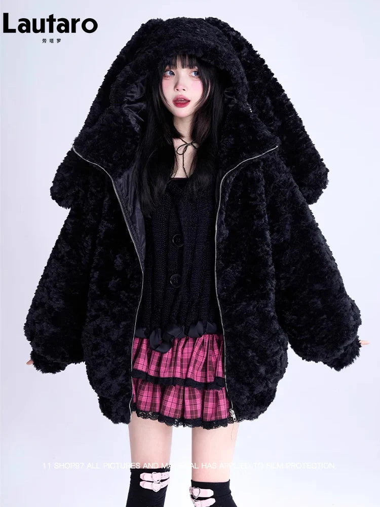 2023 Women's Black Faux Fur Coat with Bunny Ears - Soft Fluffy Winter Jacket, Warm Fuzzy Hoodie for Autumn & Winter | Perfect for Cold Weather, Holiday Parties & Casual Outings