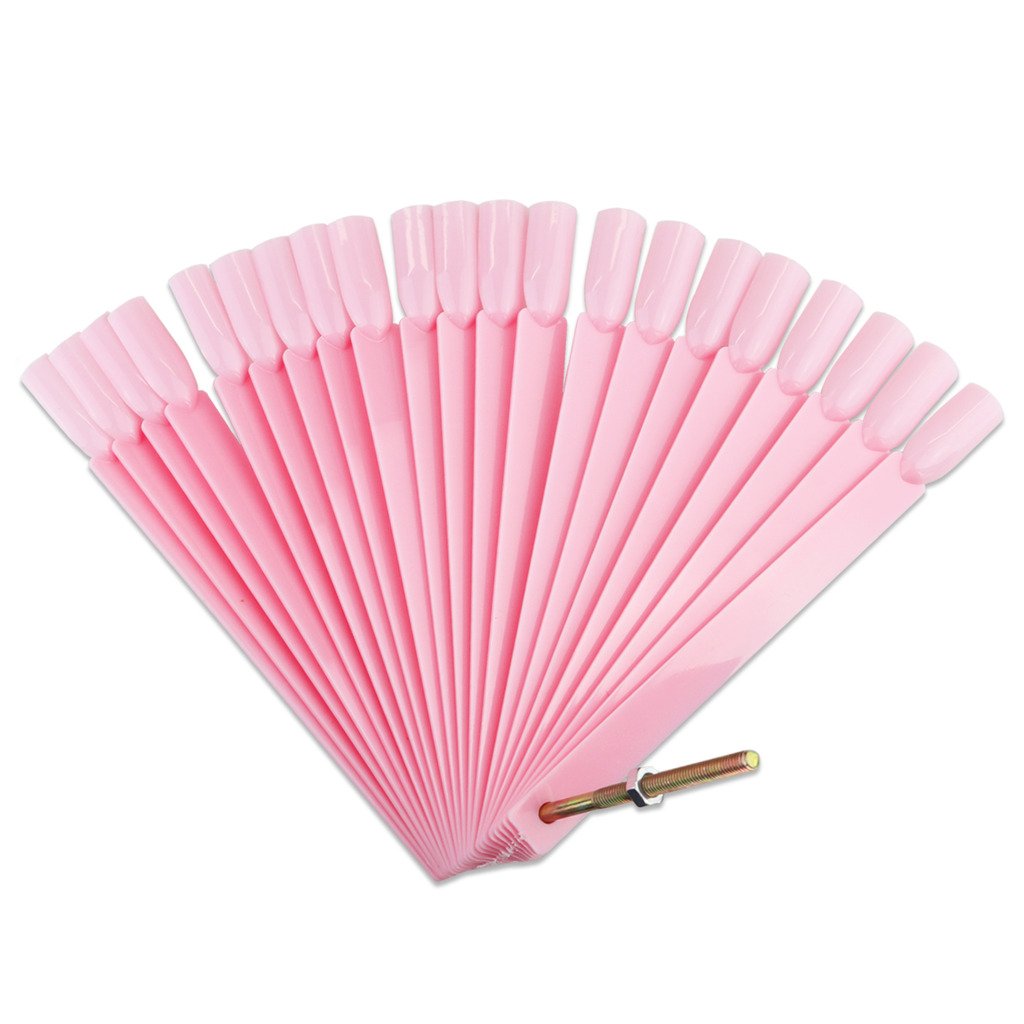 Beauticom® 50-Piece Pink Plastic False Nail Tips with Metal Ring Holder & Screw - Nail Polish Swatch Fan for Nail Art Practice, Design Display & Salon Organization - Perfect for DIY Manicures, Nail Tech Training & Beauty Salon Displays