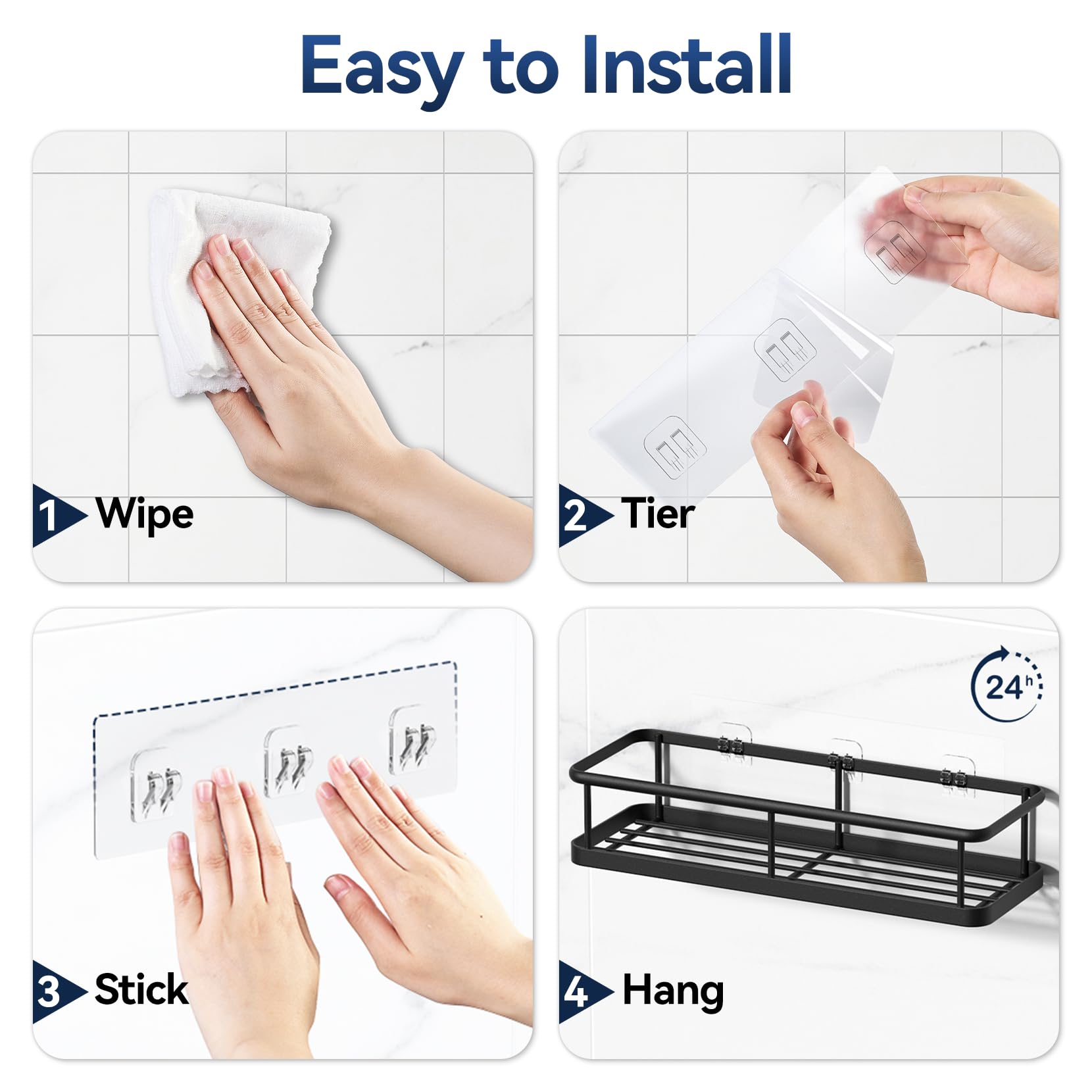 **YASONIC No Drill Shower Caddy Adhesive - Rustproof Wall-Mounted Bathroom Organizer with Removable Hooks & Soap Holder (3 Pack, Black) - Perfect for Small Bathrooms, Apartments & Dorm Showers**