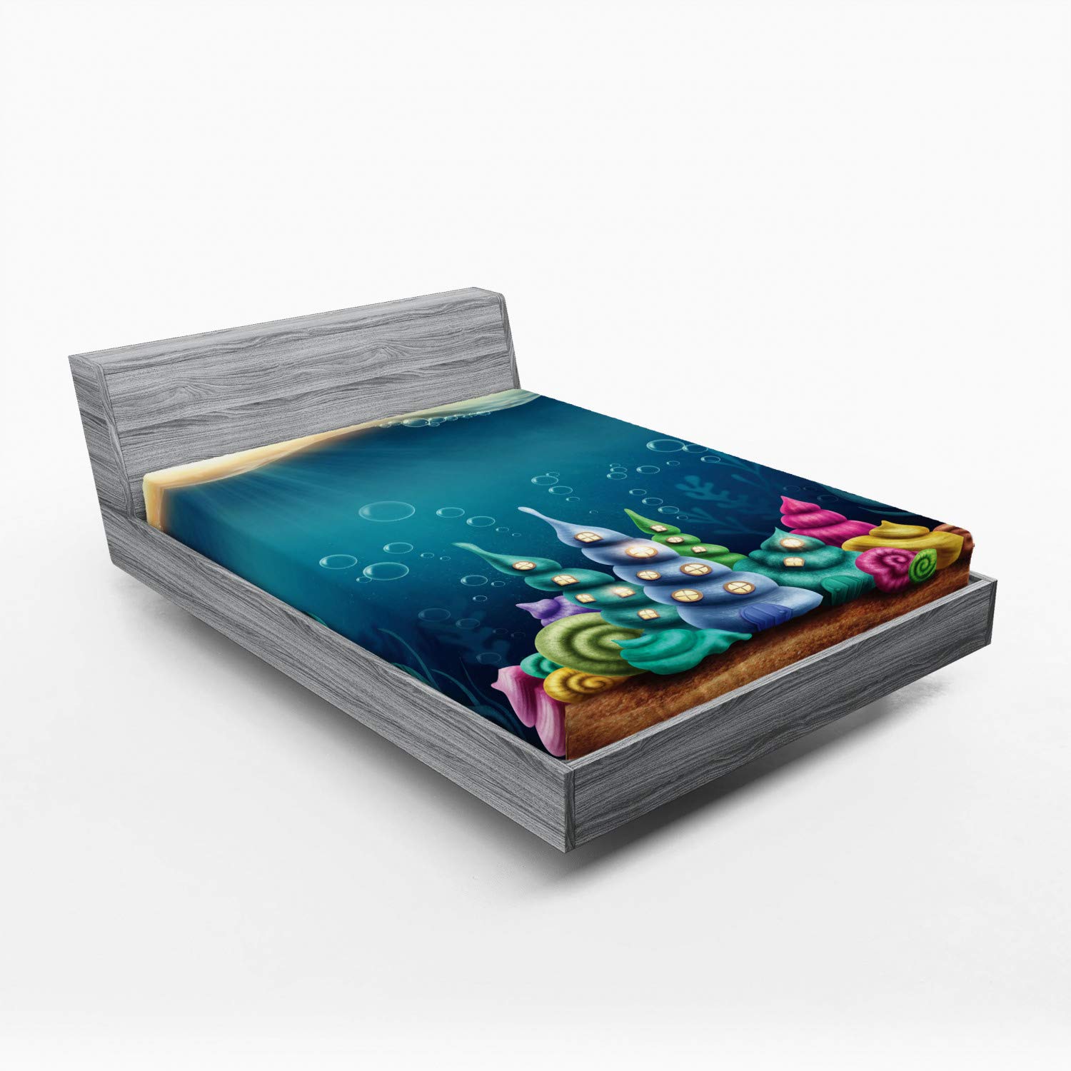 Ambesonne Ocean Themed Fitted Sheet - Underwater Fantasy Kingdom with Shell Houses & Water Bubbles Cartoon Print, Deep Pocket Full Size Bed Cover with All-Around Elastic - Perfect for Kids' Rooms, Beach Themed Decor & Cozy Bedrooms (Teal Brown)
