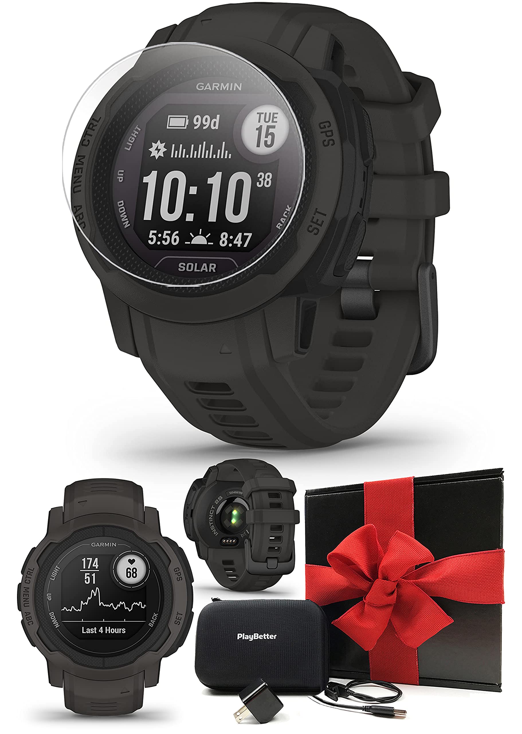 PlayBetter Garmin Instinct 2S (Graphite) Rugged GPS Smartwatch Bundle - Military-Grade Fitness Tracker for Women with TPU Screen Protector, Wall Adapter & Hard Case - Perfect for Outdoor Adventures, Hiking, Running & Military Training