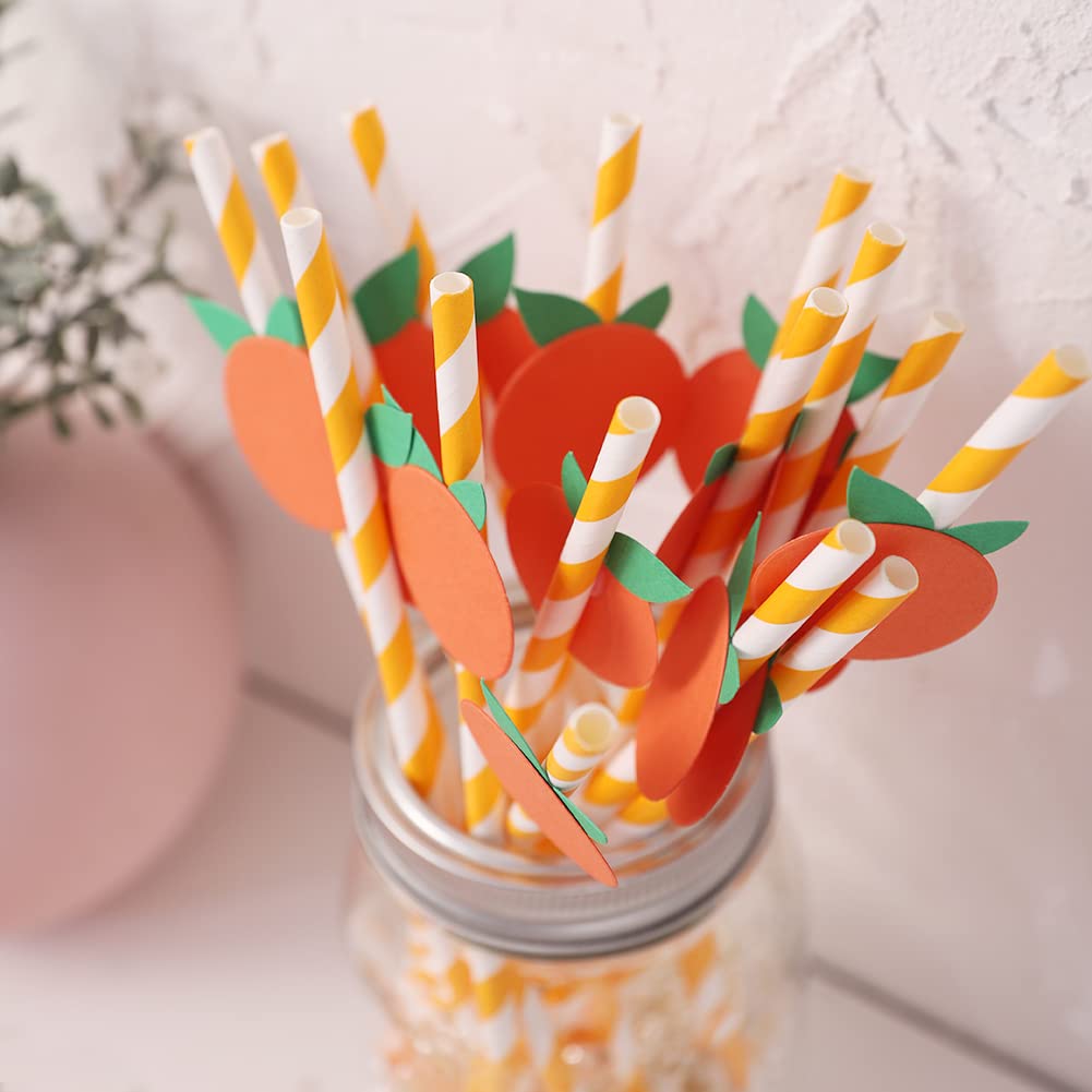 Eco-Friendly Orange Striped Paper Straws - Biodegradable Disposable Drinking Straws (15-Pack) | Perfect for Baby Showers, Birthday Parties & Sustainable Events | Little Cutie Themed Decorations