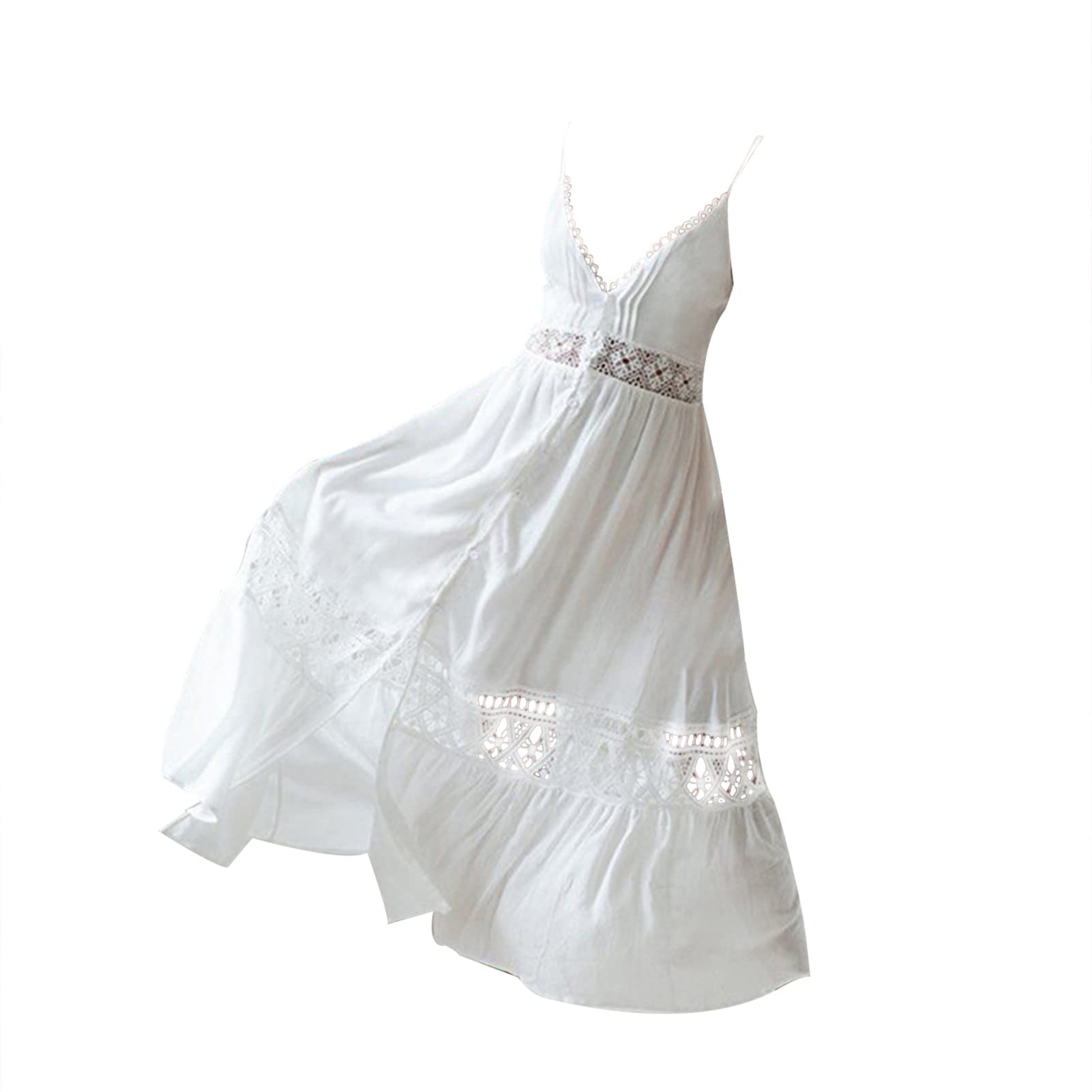 Elegant Hollow Out Backless Women's Maxi Dress - Deep V Neck Solid Color Cocktail Party Gown (White) | Perfect for Evening Events, Weddings & Summer Vacations
