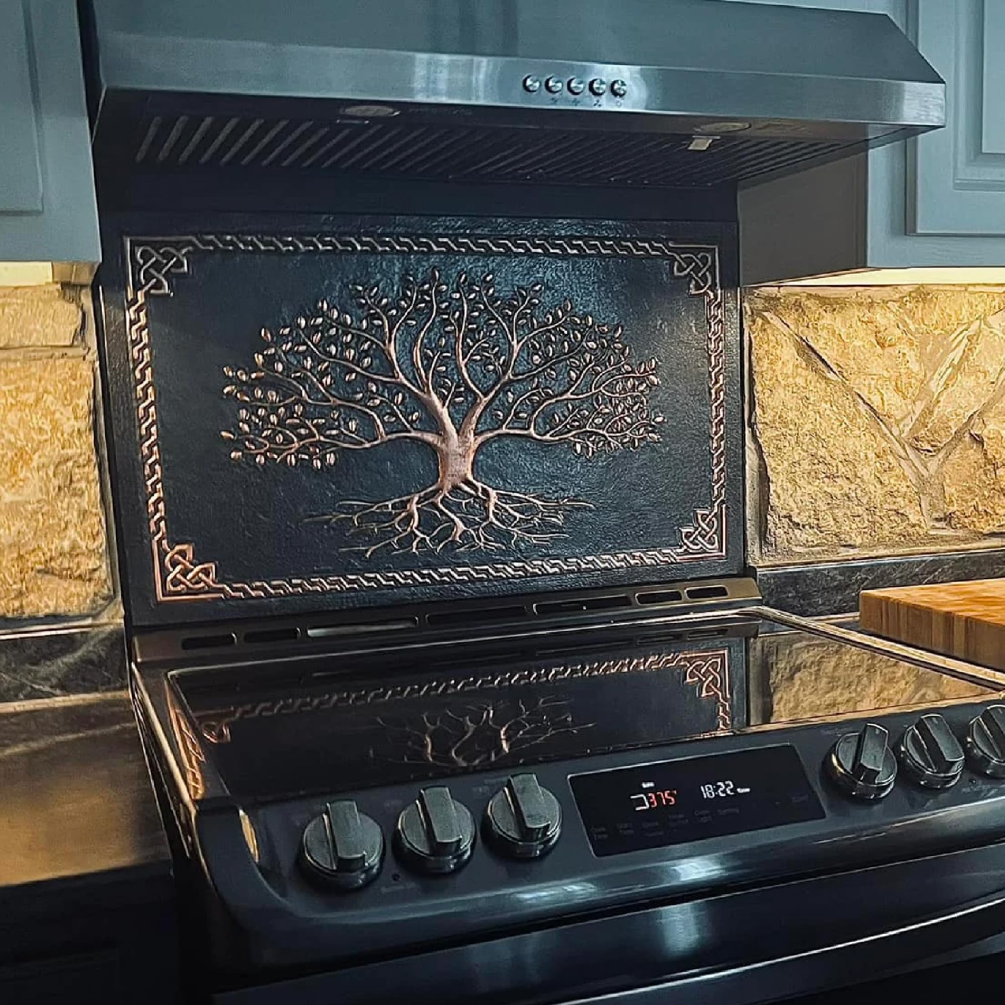 Handmade Custom Copper Backsplash Panel - Tree with Roots & Celtic Border Design - Indoor & Outdoor Kitchen Wall Decor - Durable & Stylish Backsplash Tile for Home & Restaurant Use (Black)