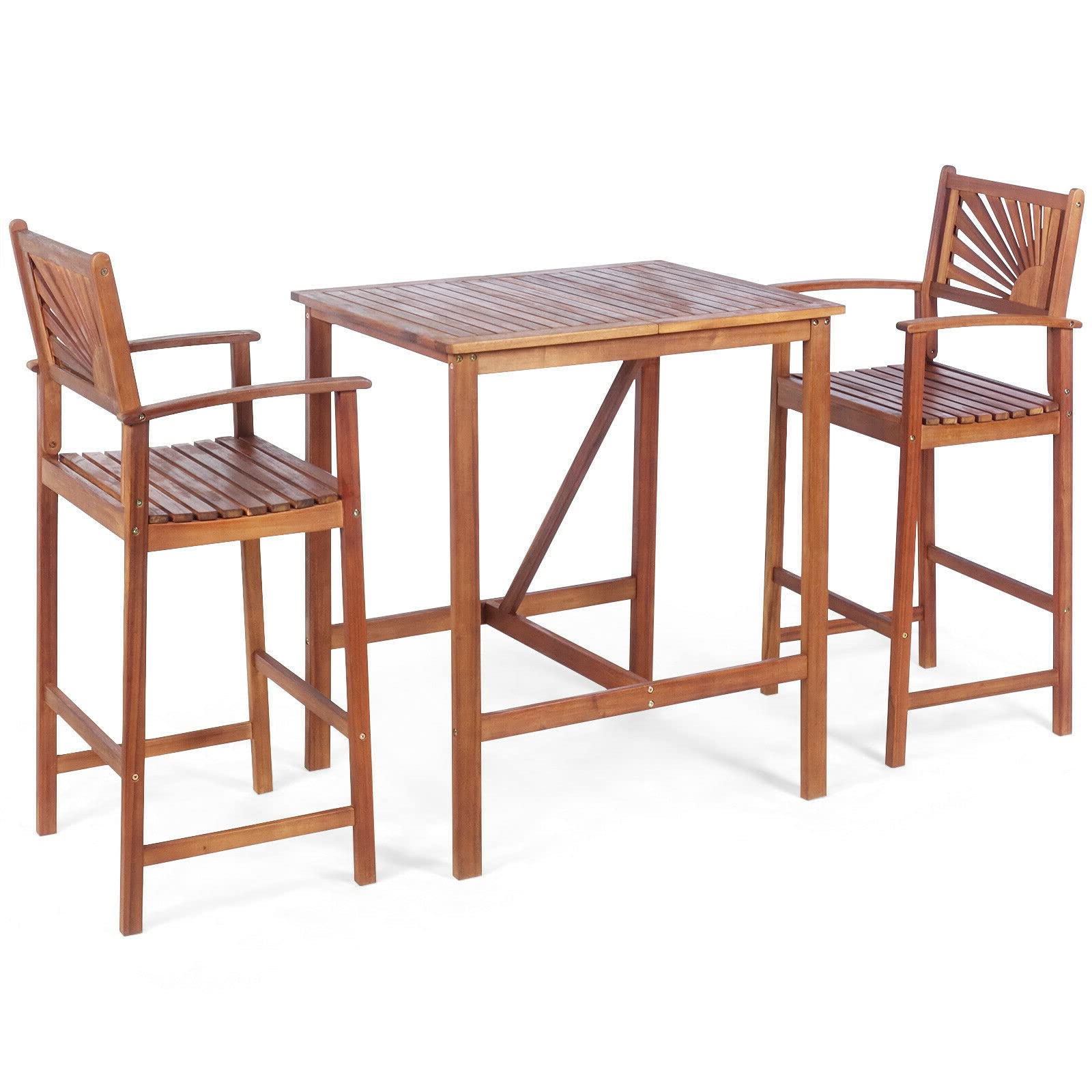 3PCS Acacia Wood Bar Set - 1 Bar Table & 2 Bar Stools with Backrest, Armrest & Footrest - Durable Outdoor Dining & Conversation Set - Spacious Tabletop for Patio, Deck, Garden & Indoor Use