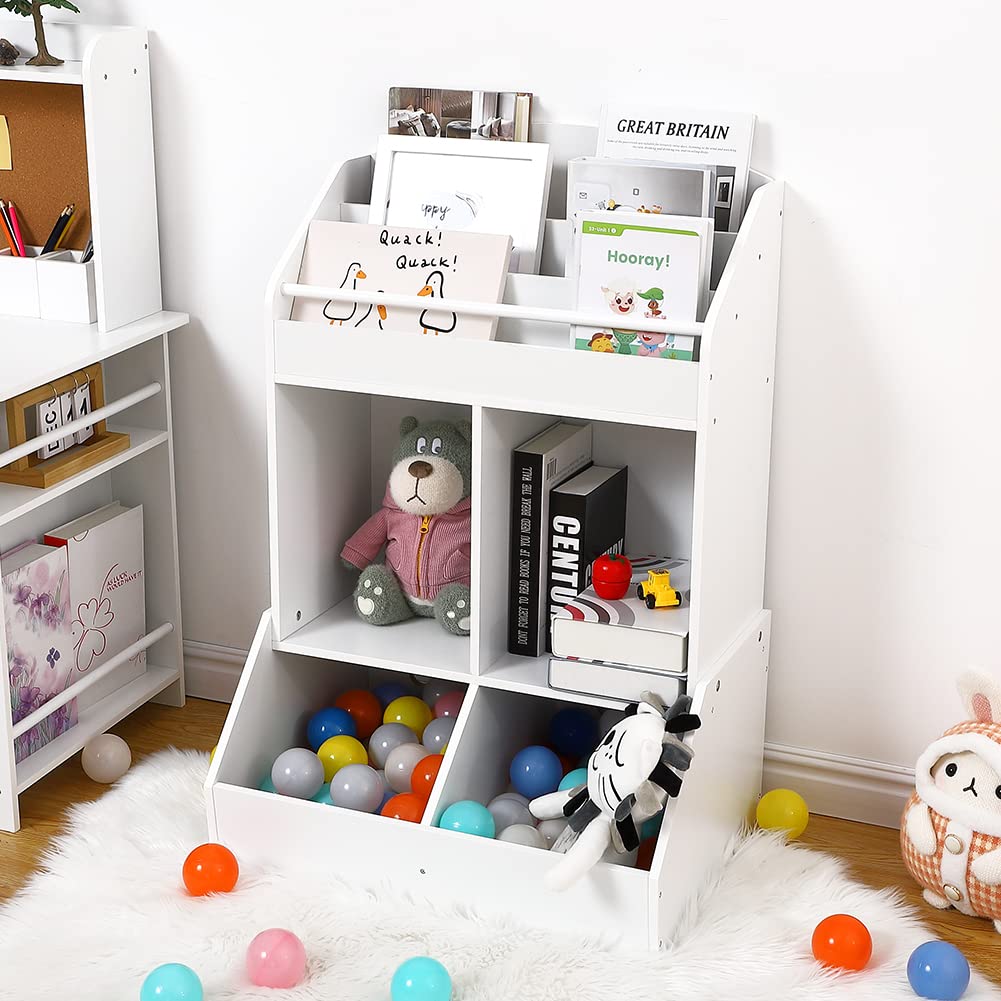 Wooden Kids Bookshelf & Toy Storage Organizer - Sturdy Toddler Book Shelf for Playroom, Nursery, or Bedroom - Perfect for Organizing Books, Toys & Decor in White