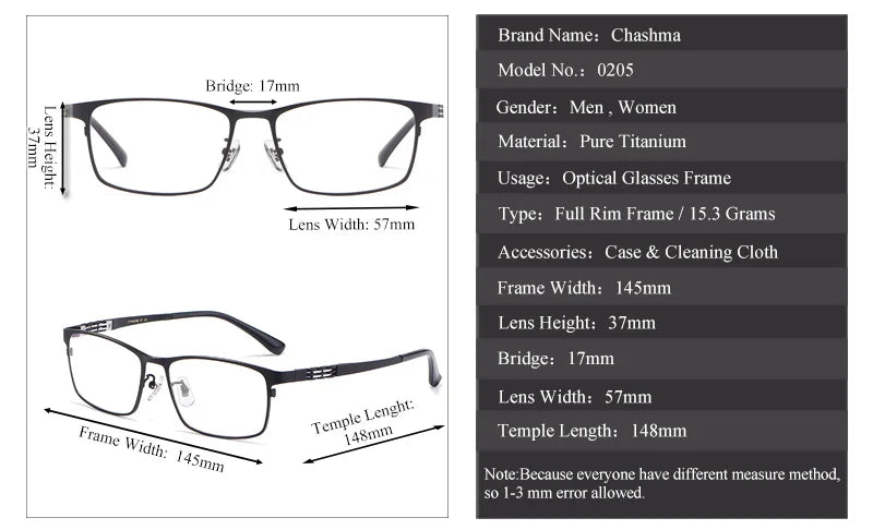 Men's Titanium Square Full Rim Eyeglasses 40205 - Lightweight & Durable for Work, Reading & Everyday Use