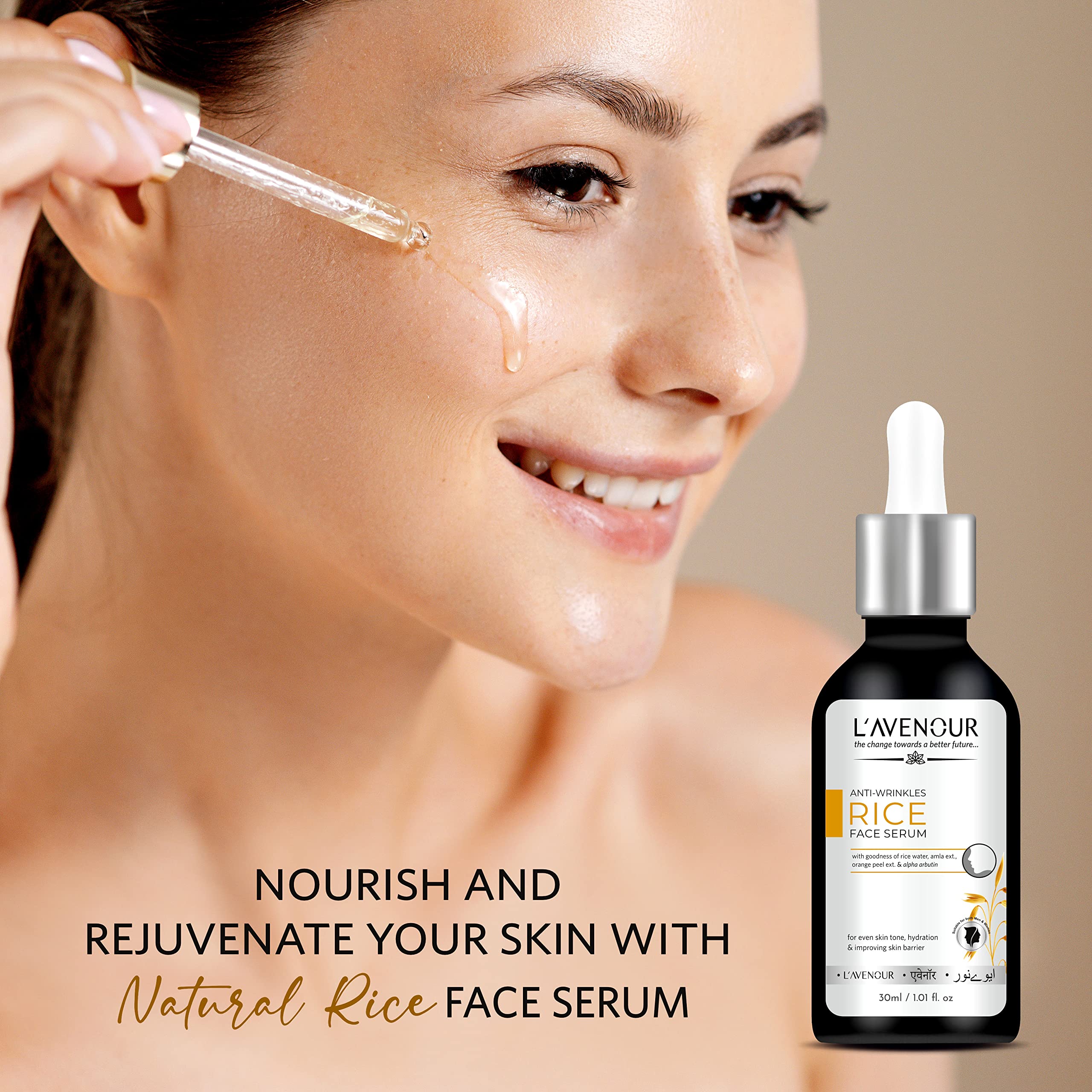 L'avenour Anti-Wrinkle Rice Face Serum for Even Skin Tone & Hydration | Improves Skin Barrier | 30ml | Perfect for Night Routine & Dry Skin Care