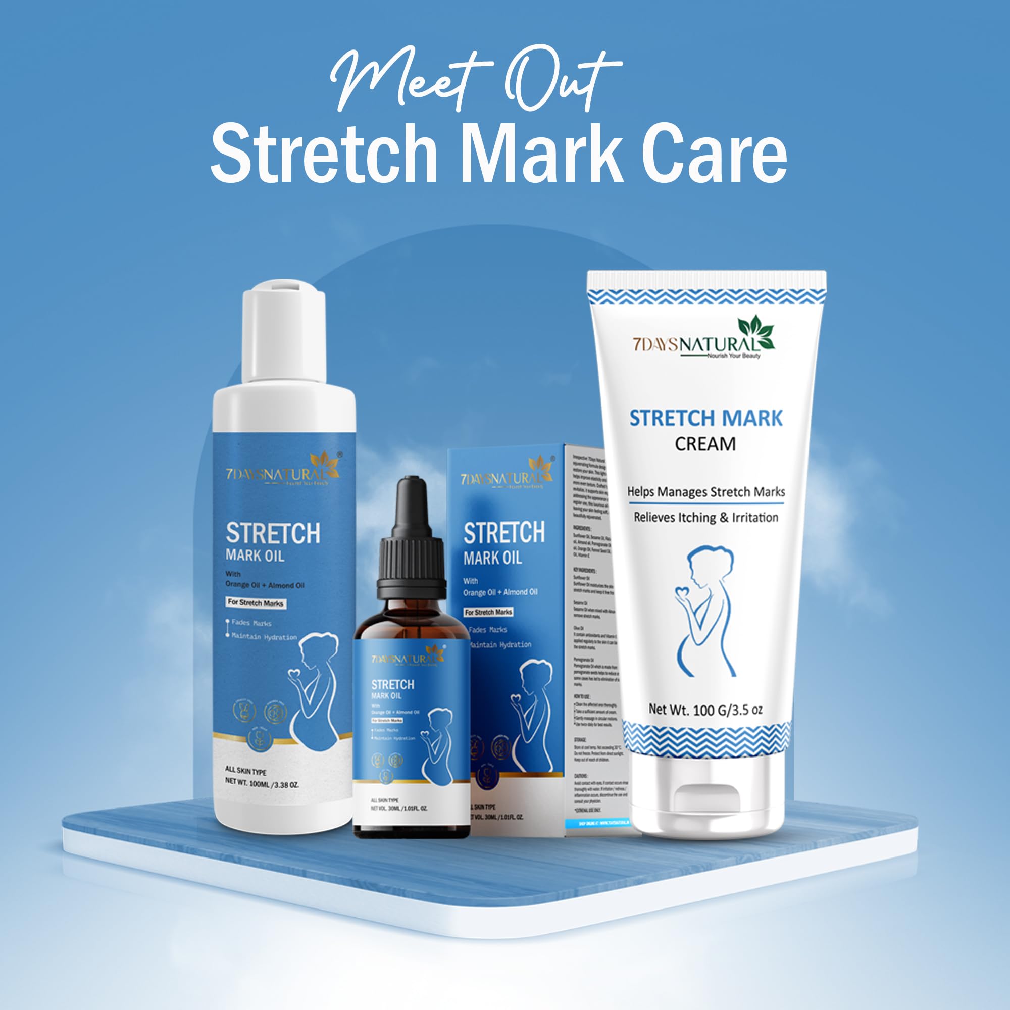 7DAYSNATURAL Pregnancy Stretch Mark Oil - Coconut & 9 Botanical Oils Blend for Elasticity & Scar Fading (30ml) | Safe for Expecting Moms & Postpartum Care | Perfect for Belly, Hips & Thighs During Pregnancy & Weight Loss