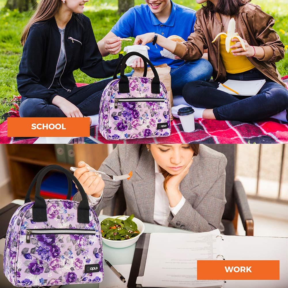 Opux Insulated Lunch Box for Women & Girls - Cute Soft Thermal Lunch Bag for Work, School, Beach & Travel - Reusable Food Cooler Container for Kids, Teens & Adults - Floral Purple Meal Prep Organizer - Perfect for Office, Picnics & Outdoor Activities