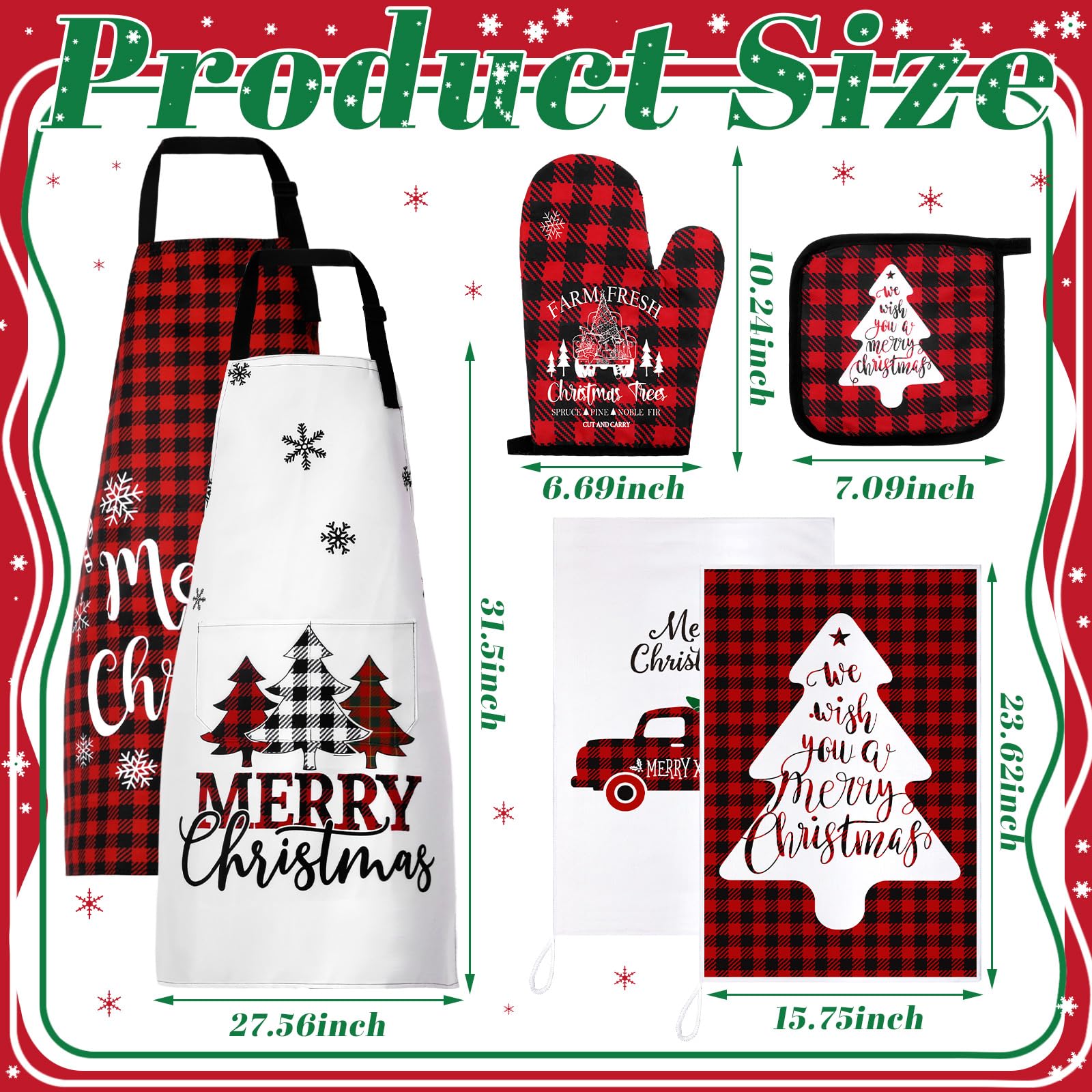 Geetery 10-Piece Christmas Kitchen Towel Set with Oven Mitt, Pot Holder & Apron - Festive Cotton Tree Design for Holiday Cooking & Baking (Red & Black Plaid) - Perfect for Christmas Dinner Prep, Baking Gifts & Festive Home Decor