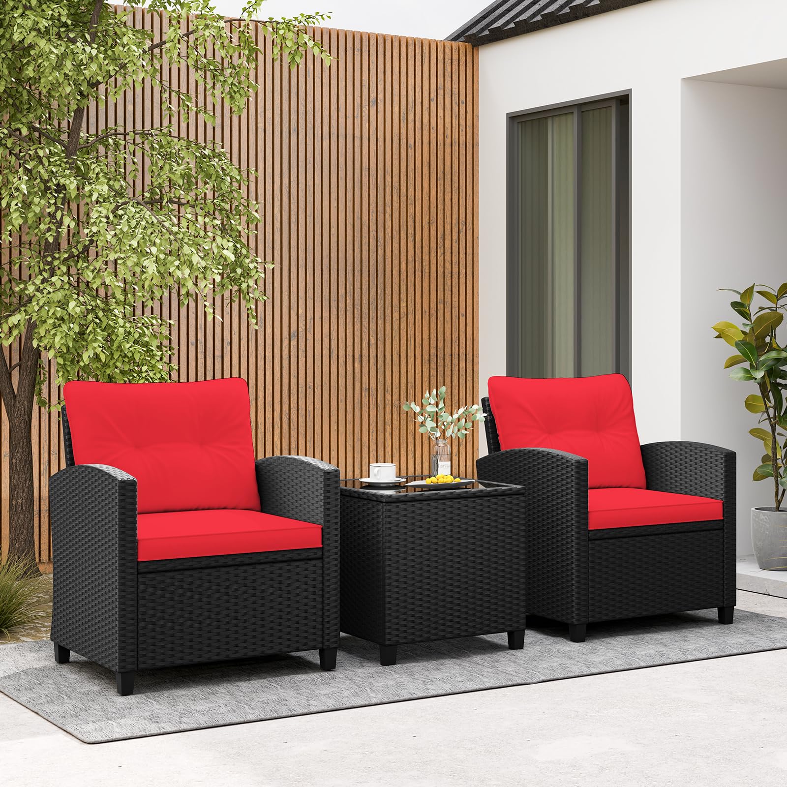 Tangkula 3-Piece Outdoor Patio Furniture Set - Rattan Wicker Sofa Set with Soft Cushions & Glass Coffee Table - Durable Conversation Set for Backyard, Porch, Poolside, Garden (Red) - Perfect for Relaxing, Entertaining & Outdoor Gatherings
