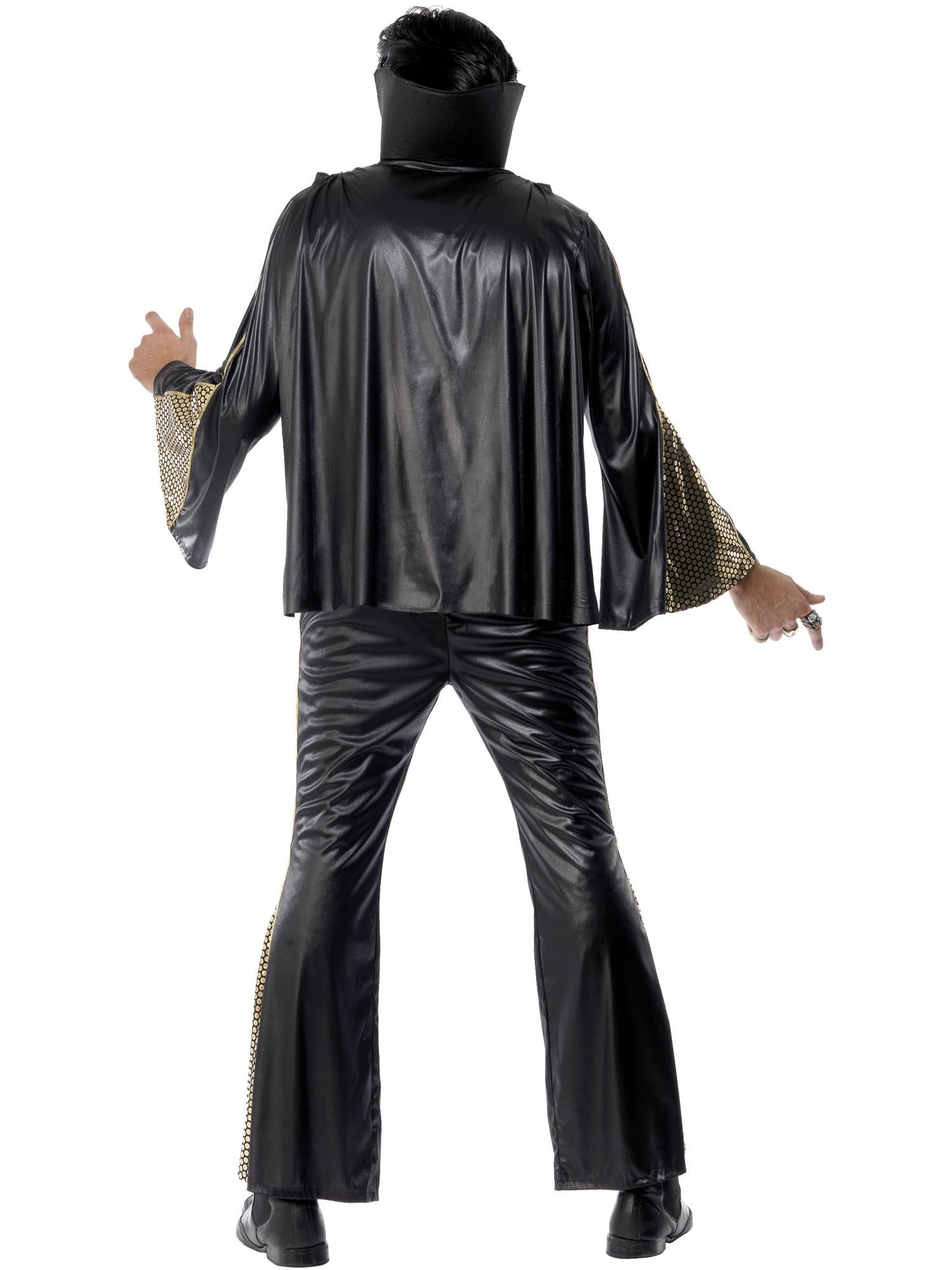 Smiffys Official Elvis Presley Costume for Adults - Black & Gold Shirt, Flared Pants, Cape & Belt Set | Licensed Music-Themed Fancy Dress Outfit for Halloween, Cosplay & Theme Parties