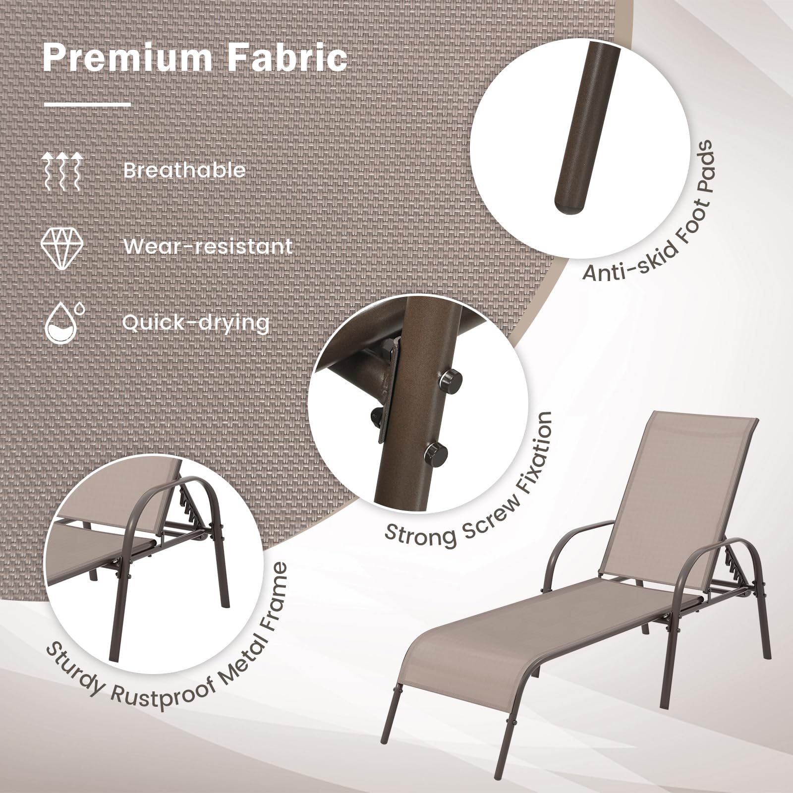 Giantex 2 Pack Adjustable Patio Lounge Chairs - Heavy Duty Steel Frame Outdoor Chaise Lounge with 5-Position Recliner - Perfect for Sunbathing, Beach, Poolside, Backyard & Balcony Relaxation - Brown