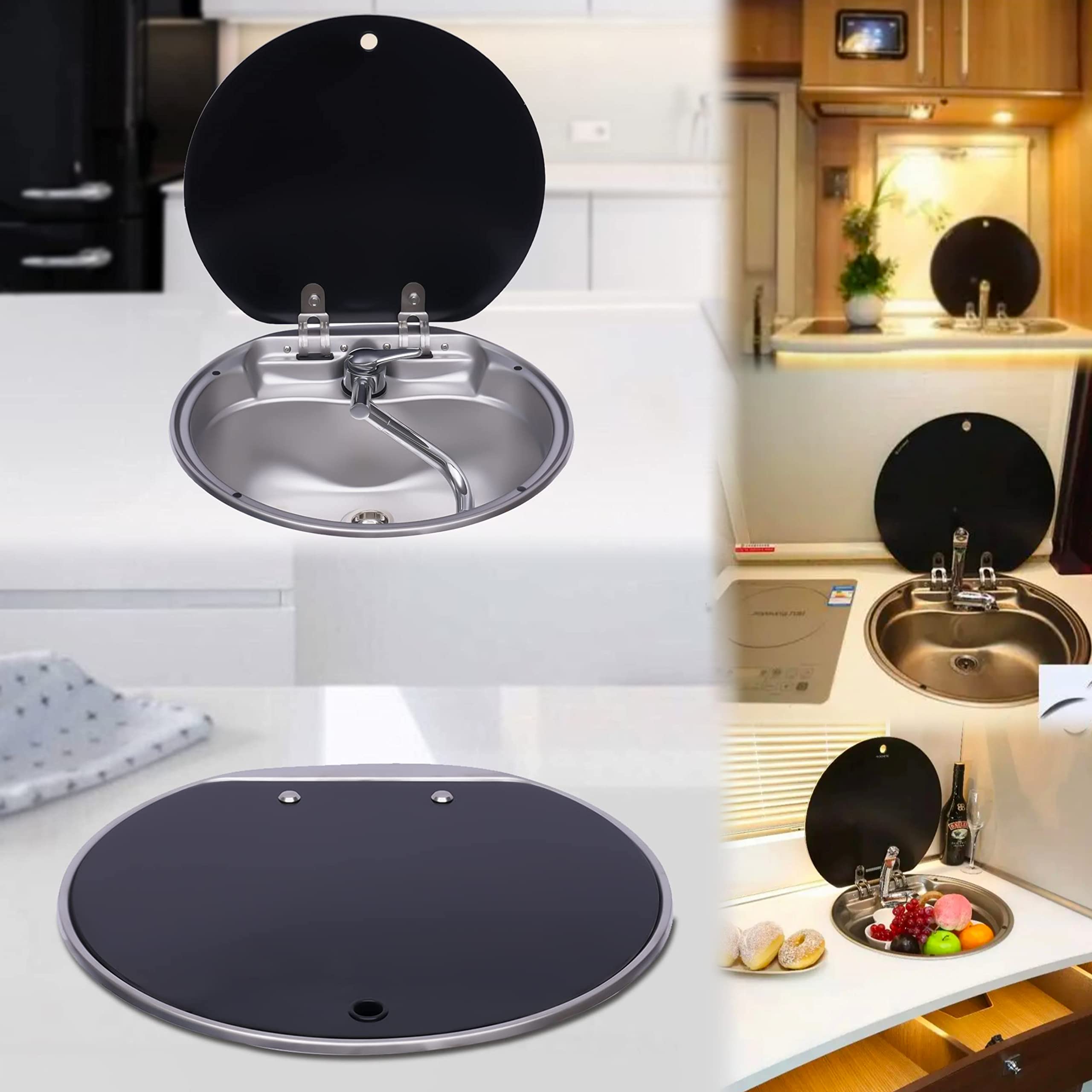 Stainless Steel Undermount Single Bowl RV Kitchen Sink with Foldable Faucet & Lid - Compact Drop-In Hand Wash Basin for Workstations, Campers, Boats, Bars & Mobile Homes | Perfect for Small Spaces & Outdoor Living