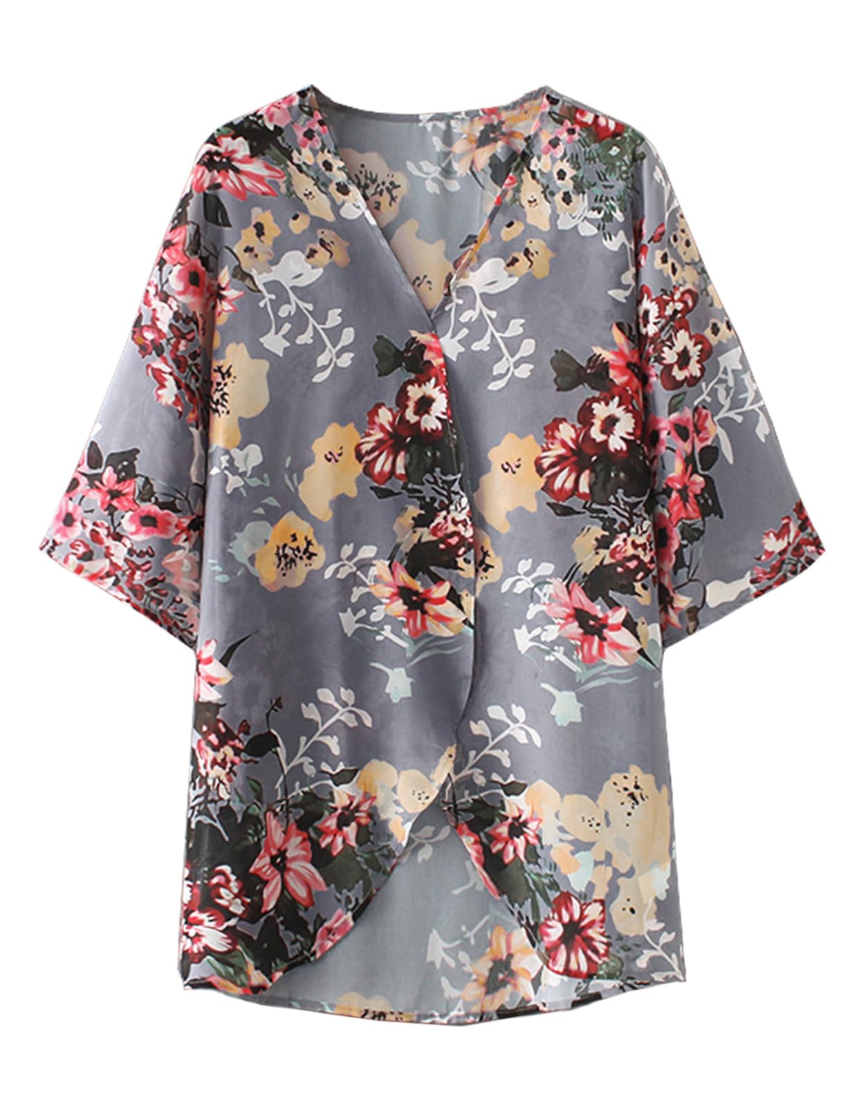 Women's Floral Print Puff Sleeve Kimono Cardigan - Lightweight Loose Cover Up Blouse for Spring/Summer - Perfect for Beach, Vacation & Casual Outfits