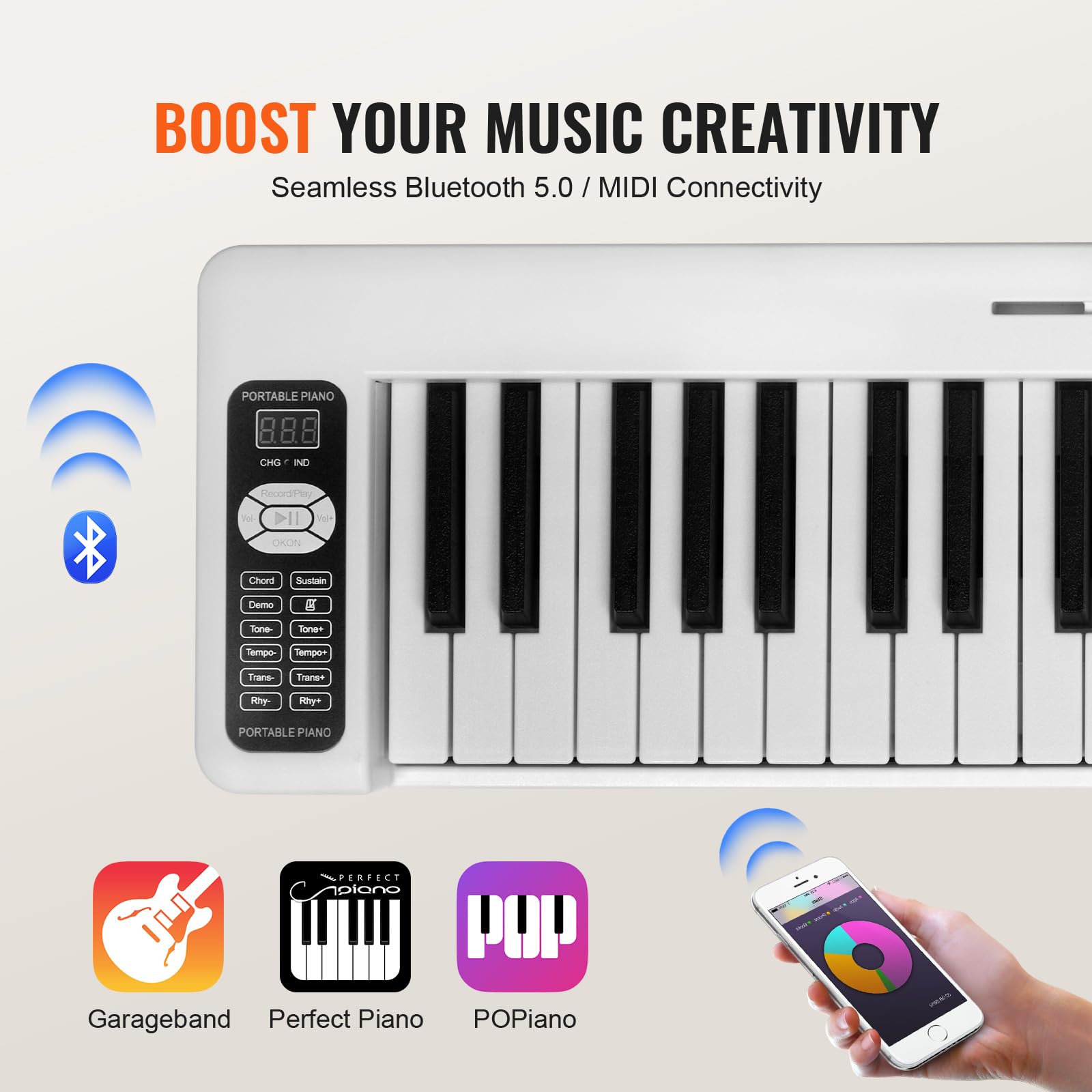 VEVOR 61-Key Portable Electronic Digital Piano with Bluetooth & MIDI, Foldable Keyboard with Touch Sensitive Keys, Sustain Pedal & Lighted Carrying Bag - Rechargeable Beginner Piano for Teens & Adults (White, BX-11) - Perfect for Home Practice, Travel & Music Learning
