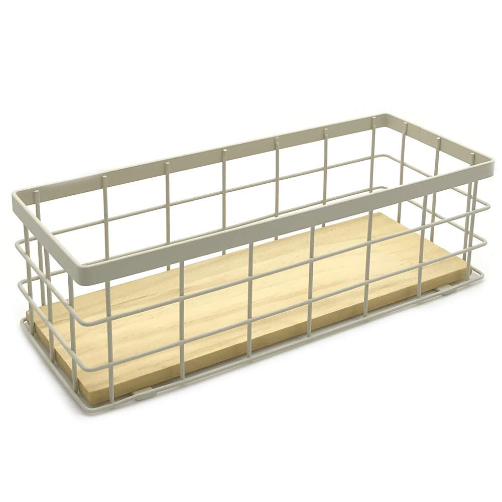 Metal Wire Storage Basket with Wood Base - Decorative Organizing Bin for Kitchen, Bathroom, Tableware & Home Organization - Beige Home Storage Solution for Shelves, Countertops & Closets