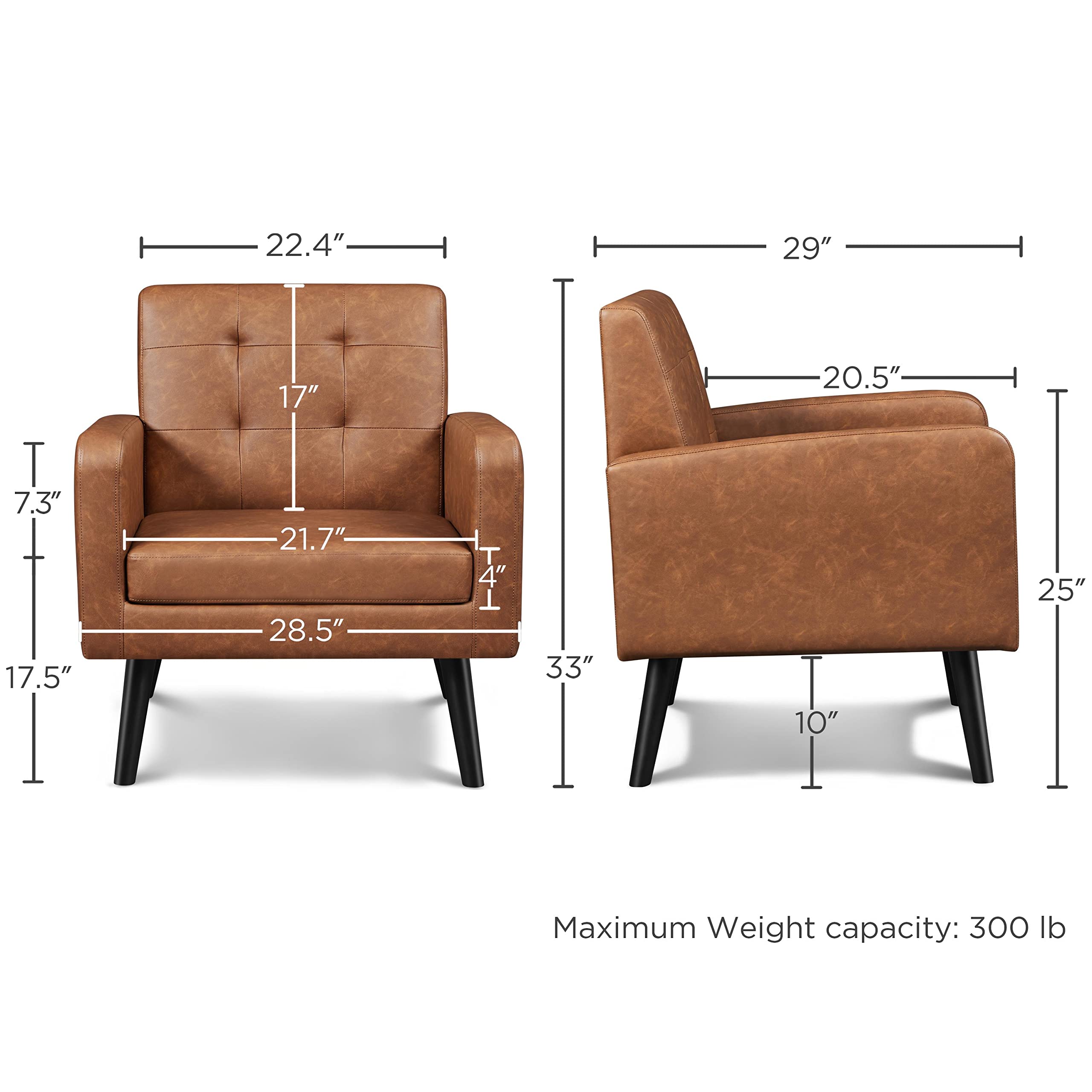 Yaheetech Mid-Century Modern Accent Chair - PU Leather Upholstered Living Room Armchair with Button Tufted Back & Wooden Legs, Retro Brown - Perfect for Bedroom, Home Office, Cafe and Lounge Decor