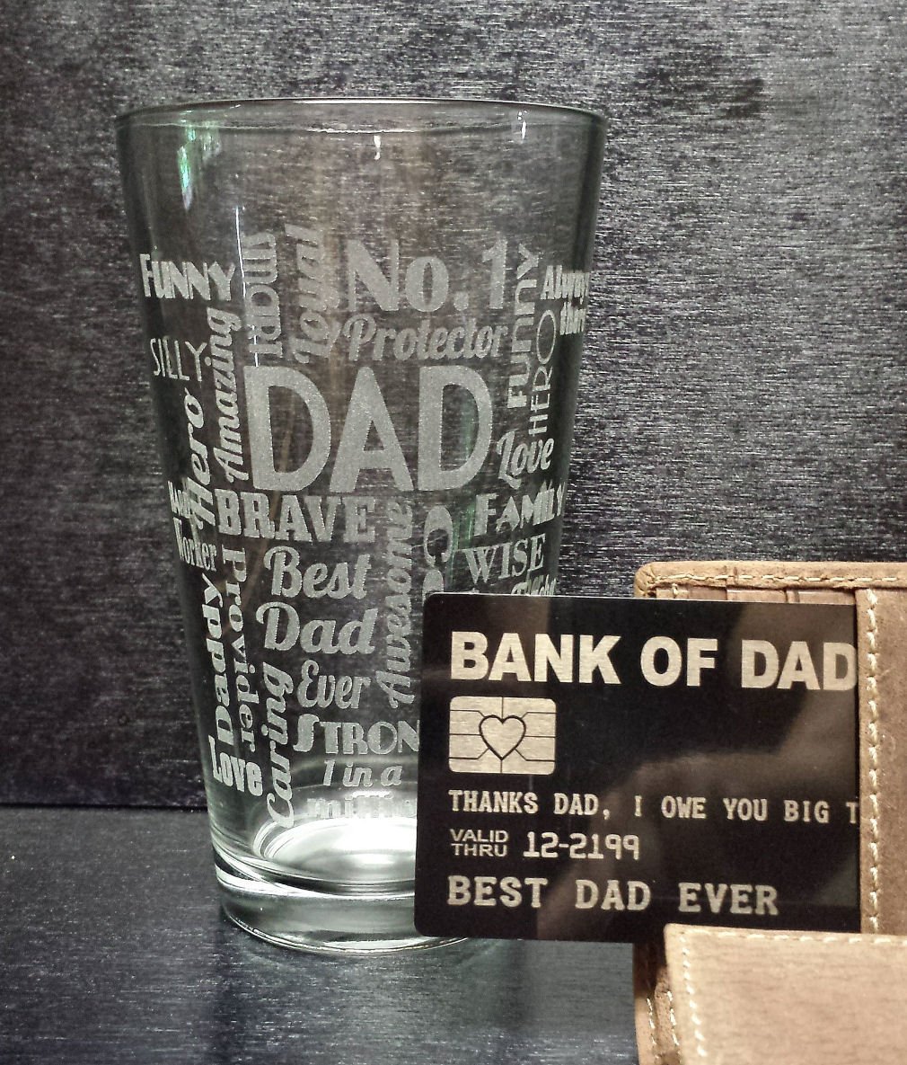 Personalized Dad Beer Glass with Engraved 'Bank of Dad' Wallet Card - 16oz Custom Pub Glass Gift Set for Father's Day, Birthday & Retirement - Perfect for Dads Who Love Whiskey, Beer & Special Occasions