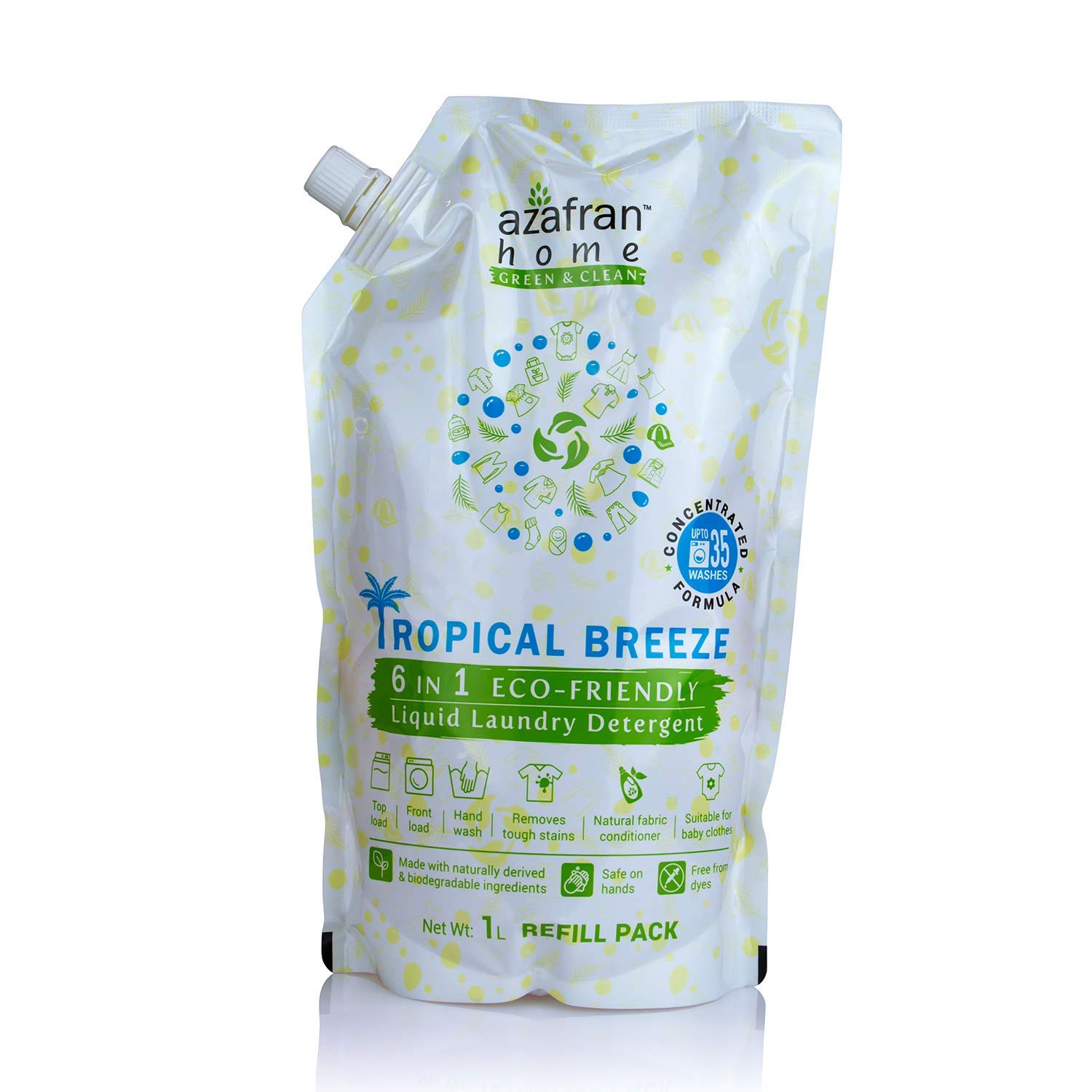 Azafran Tropical Breeze 6-in-1 Plant-Based Liquid Laundry Detergent Refill Pack - 1 Liter | Stain Remover, Natural Fabric Softener | Safe for Baby Clothes & All Washing Machines | Perfect for Travel, Gym Wear & Sensitive Skin Laundry