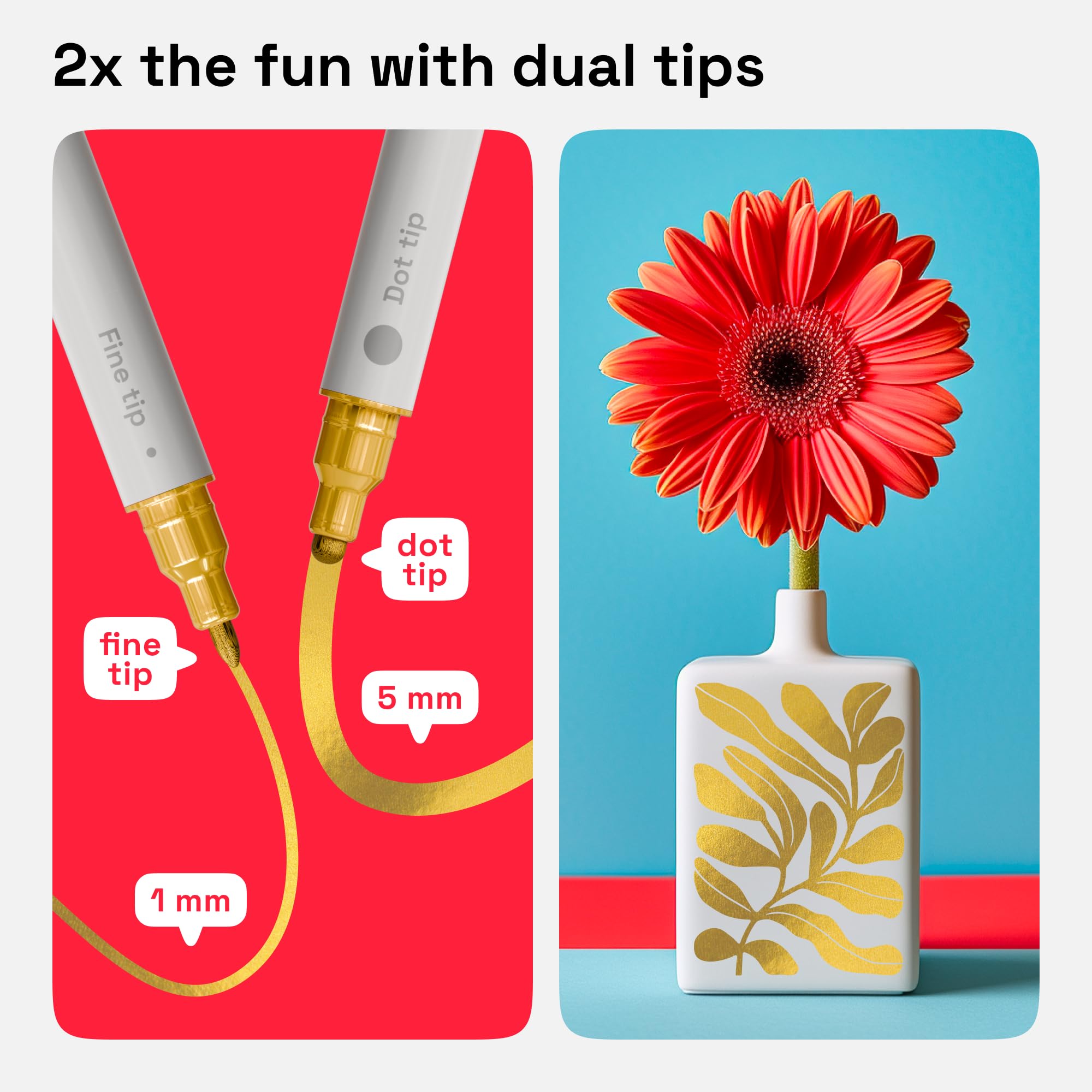 ARTISTRO 2-Pack Gold Acrylic Paint Pens - Dual Tip Markers (1mm Fine & 5mm Dot) for Fabric, Canvas, Rock, Glass, Wood, Paper - Perfect for DIY Crafts, Home Decor, Kids & Adult Art Projects