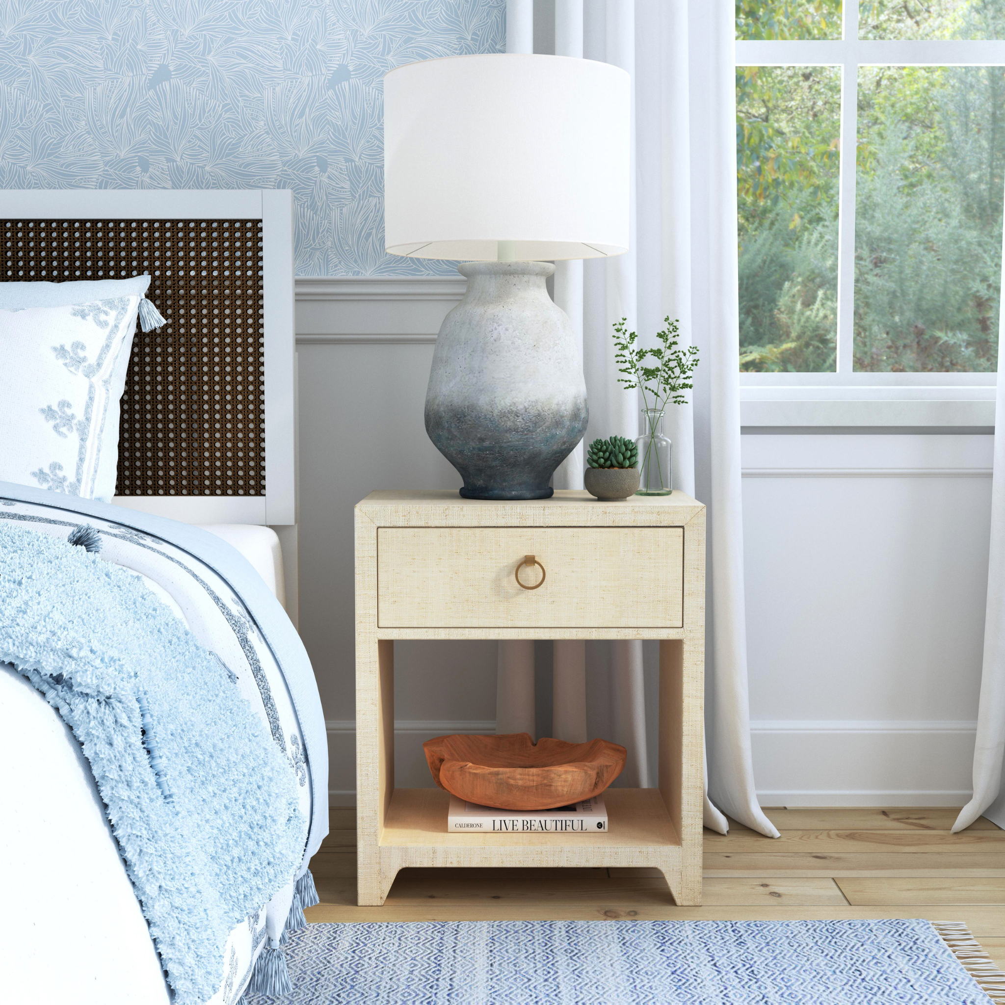 Coastal Natural Saguran Raffia Single Drawer Nightstand - Boho Bedside Table with Woven Rattan Design for Bedroom, Living Room & Guest Room Decor