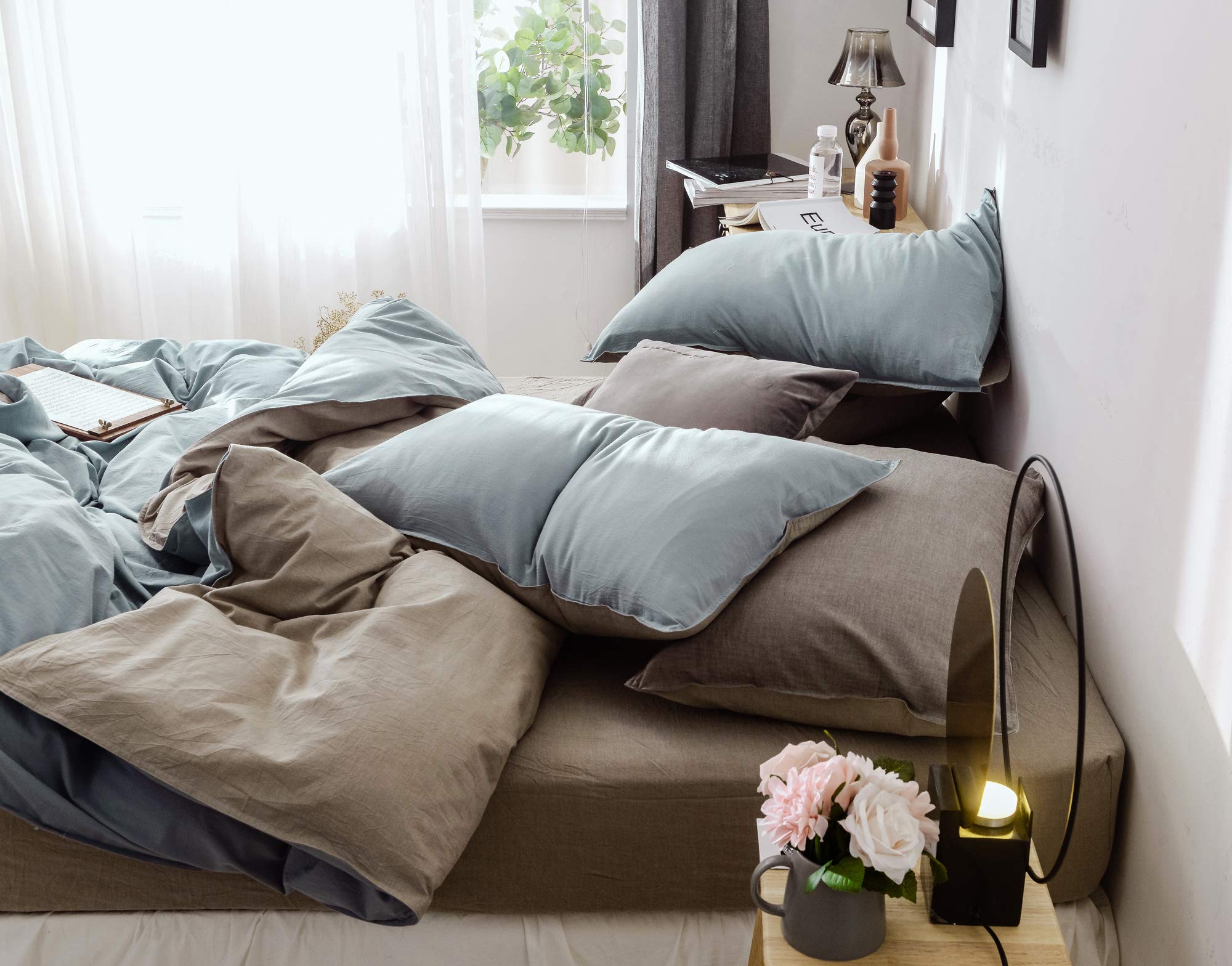 MOON'S SLEEPWARES Herse Series 100% Cotton 200 Thread Count Queen Size Duvet Cover Set - Blue Grey & Brown (Includes Duvet Cover + 2 Pillowcases) | Soft & Breathable Bedding for Cozy Nights & Luxury Hotel-Style Comfort