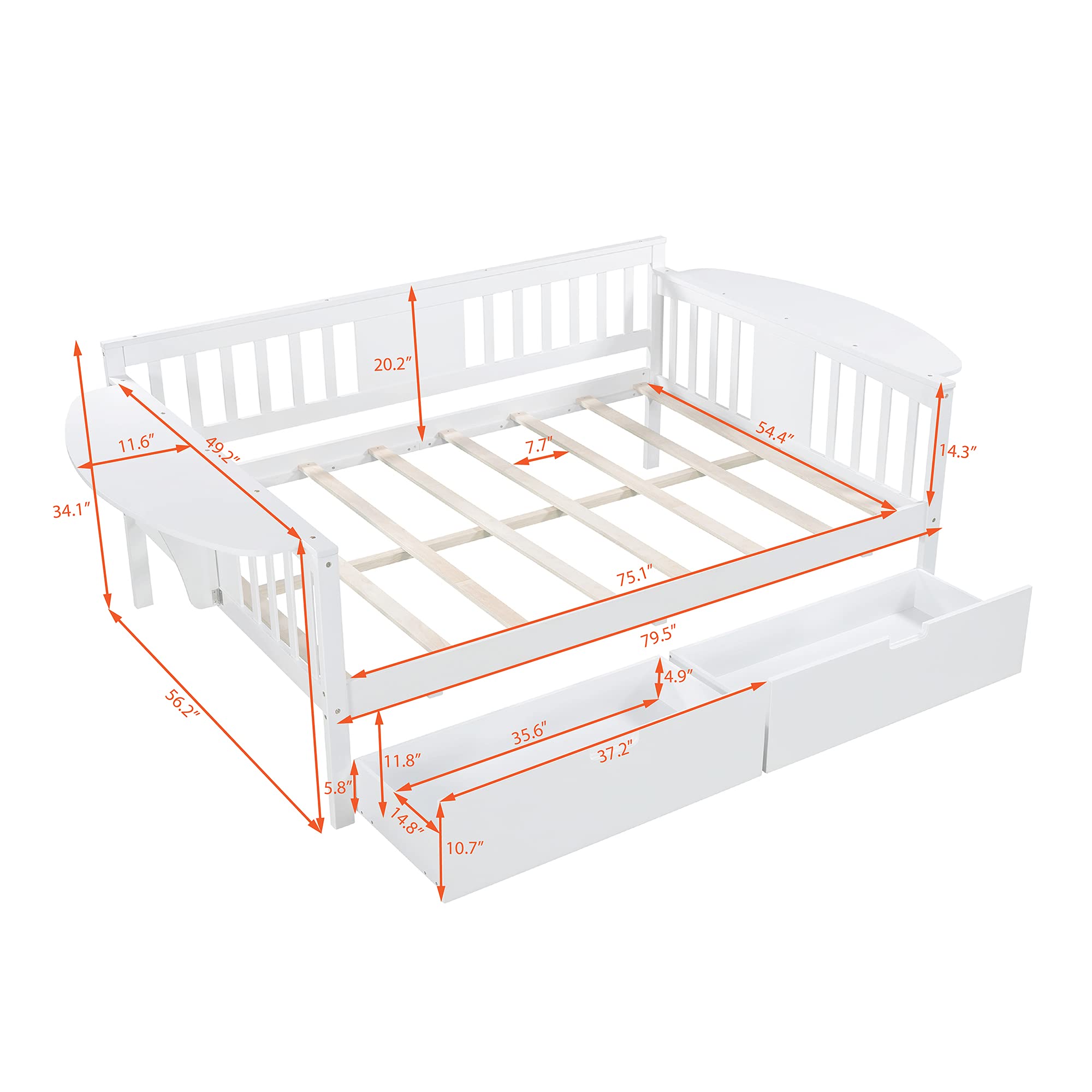 Harper & Bright Designs Full Size Daybed with Storage Drawers & Foldable Table - Wooden Sofa Bed Frame for Small Spaces, Guest Room, Living Room or Dorm (White, 2 Drawers) - Perfect for Sleepovers, Home Office & Space-Saving Solutions