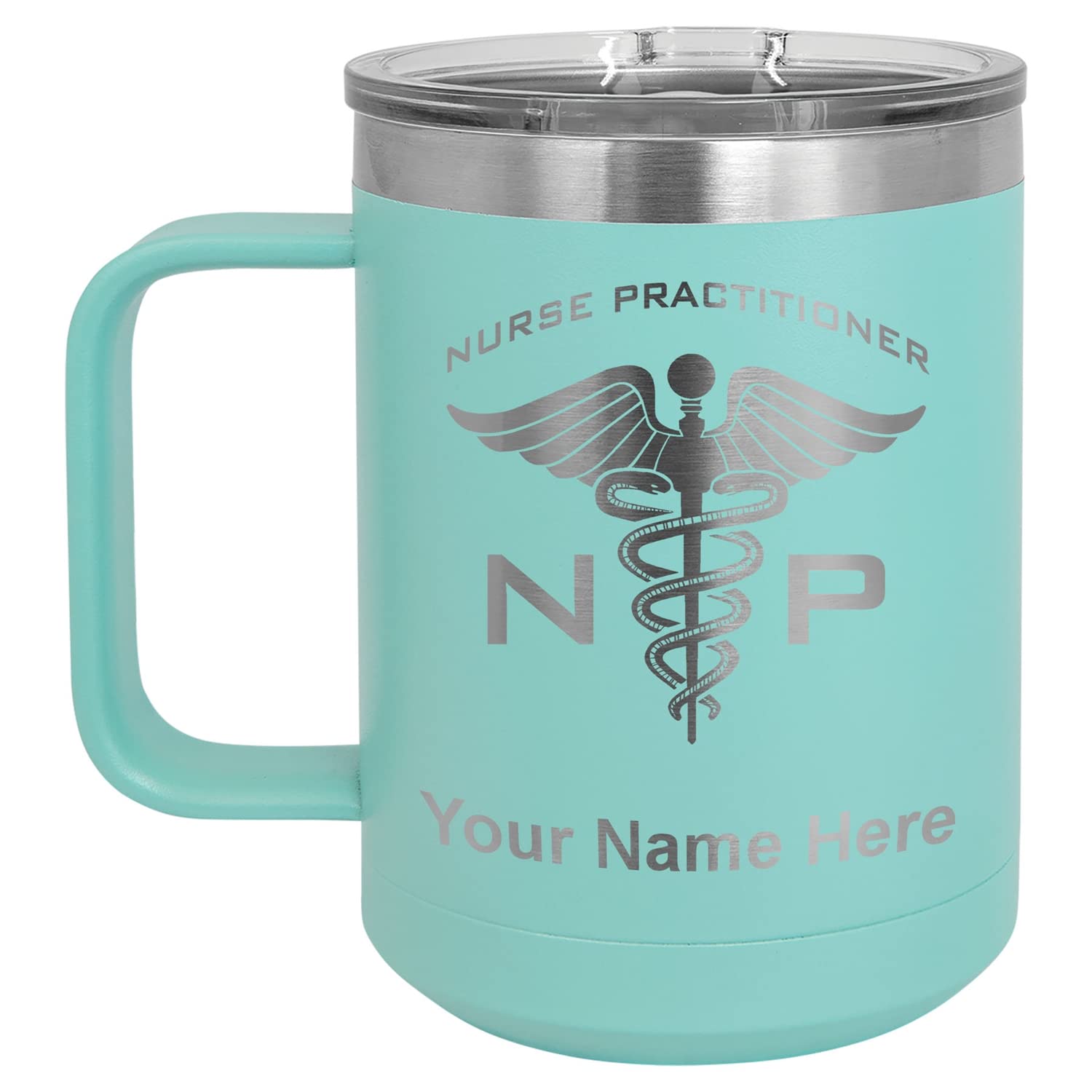 LaserGram 15oz Vacuum Insulated Stainless Steel Coffee Tumbler with Lid - Custom Engraved NP Nurse Practitioner Gift - Keeps Drinks Hot/Cold for Hours - Perfect for Work, Travel & Outdoor Activities (Teal Blue)