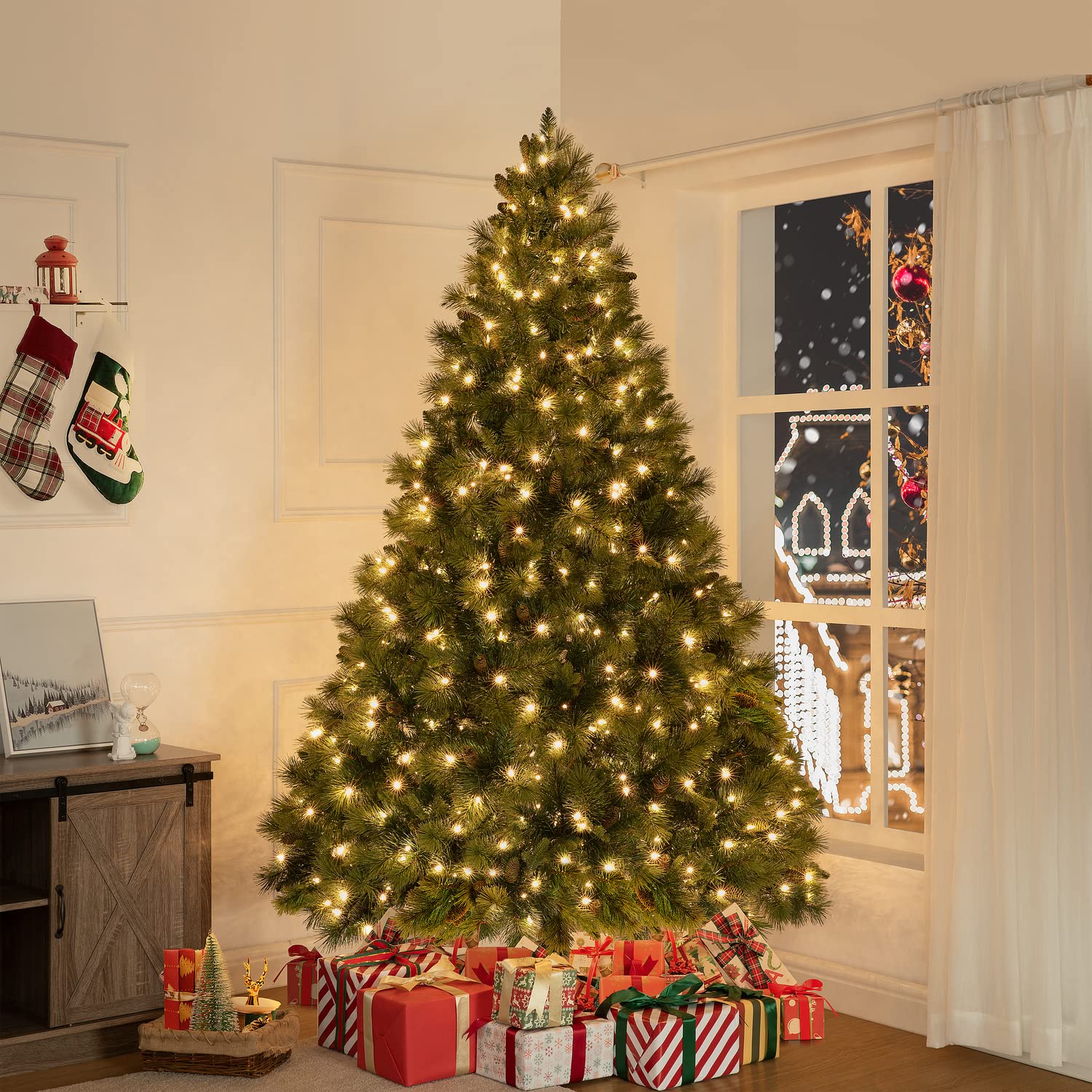 7.5ft Prelit Artificial Christmas Tree with Pine Cones & Foot Pedal - 1556 Branch Tips, 750 Warm White LED Lights & Sturdy Metal Stand - 61