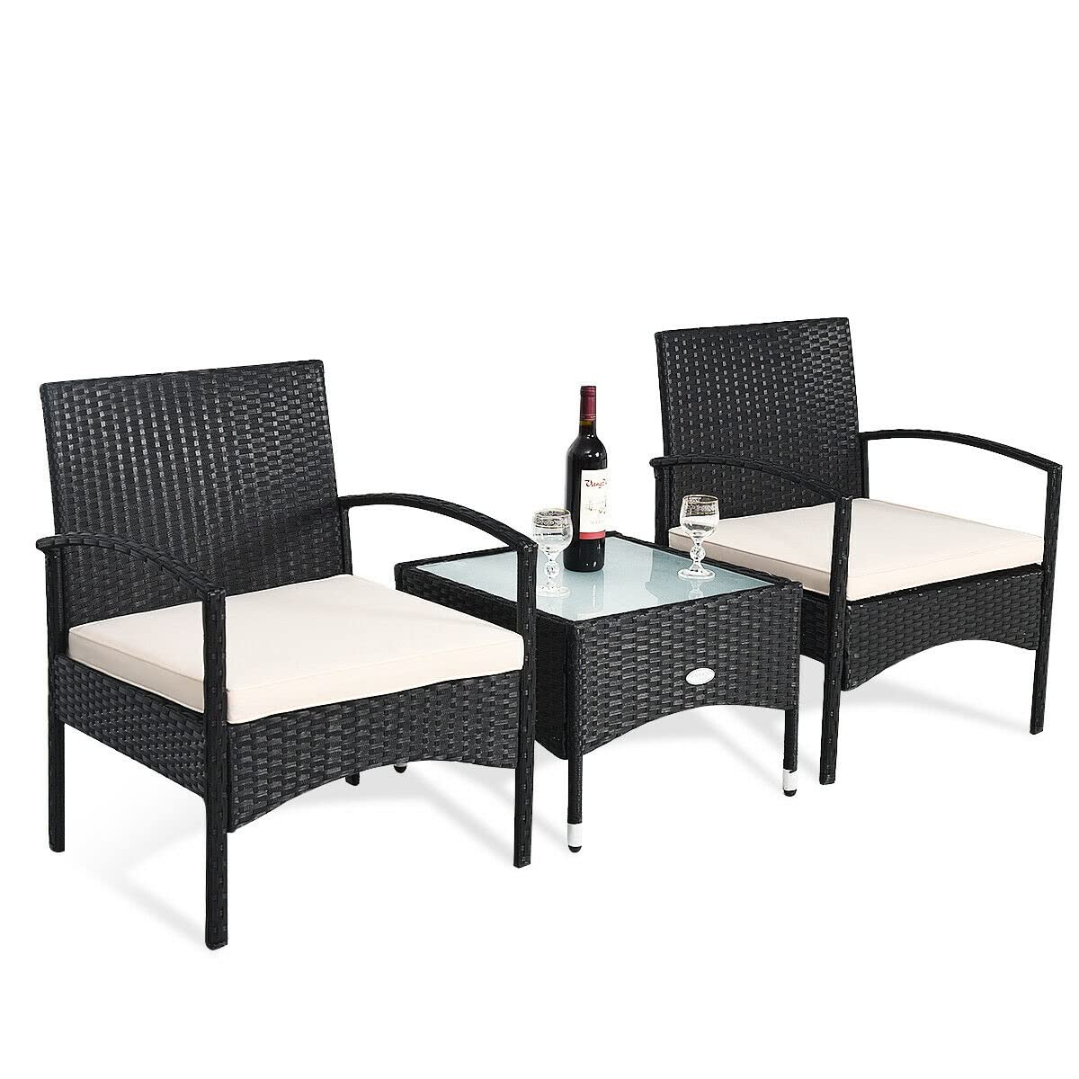3-Piece Patio Wicker Rattan Furniture Set - Black Rattan Coffee Table & 2 Chairs with Cushions for Outdoor Garden, Porch, or Poolside Relaxation