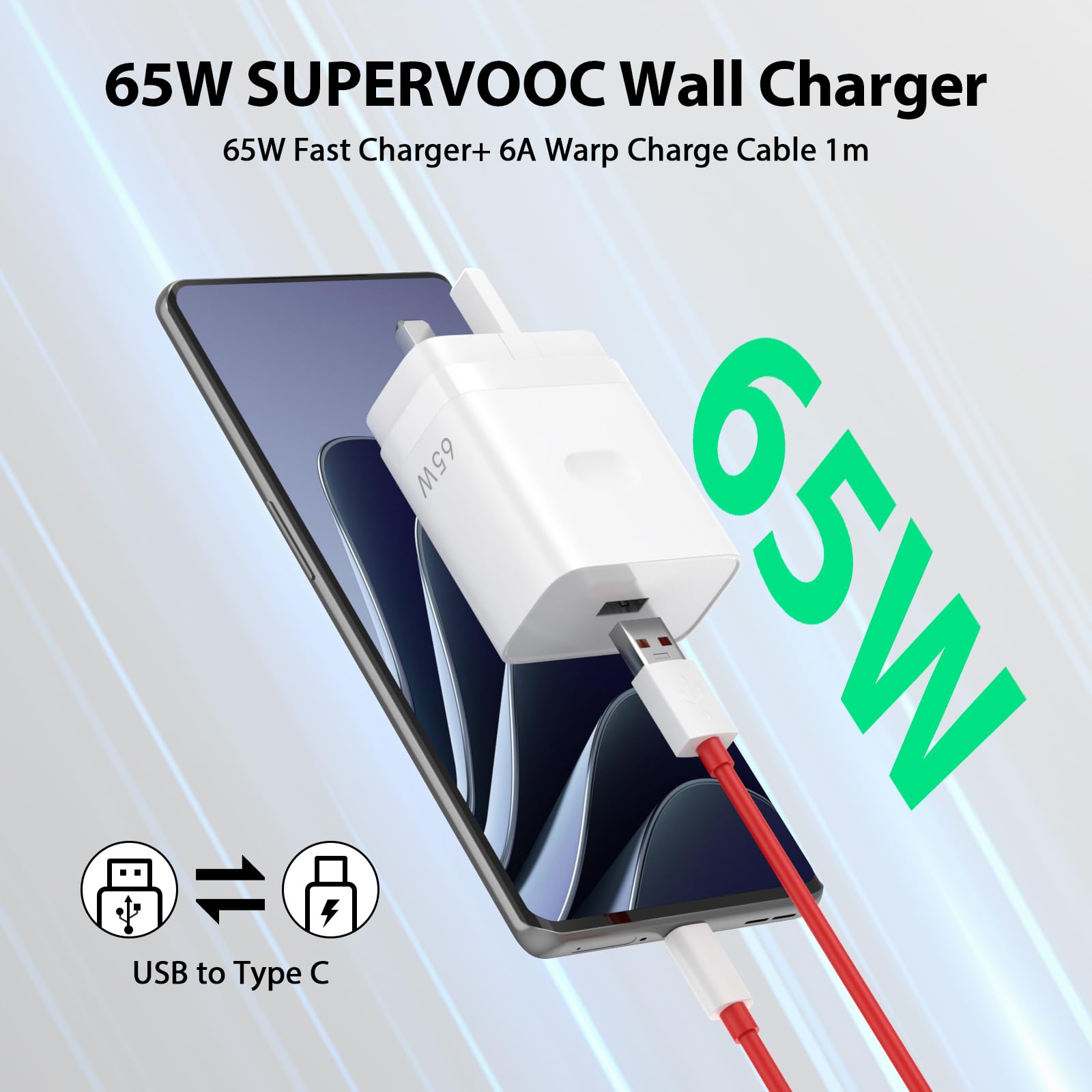 65W SuperVOOC Fast Charger for OnePlus 8/7/6 Series & Nord - 6A USB-C Cable Included - Compatible with OnePlus, OPPO, realme Phones - Perfect for Travel, Home & Office Charging