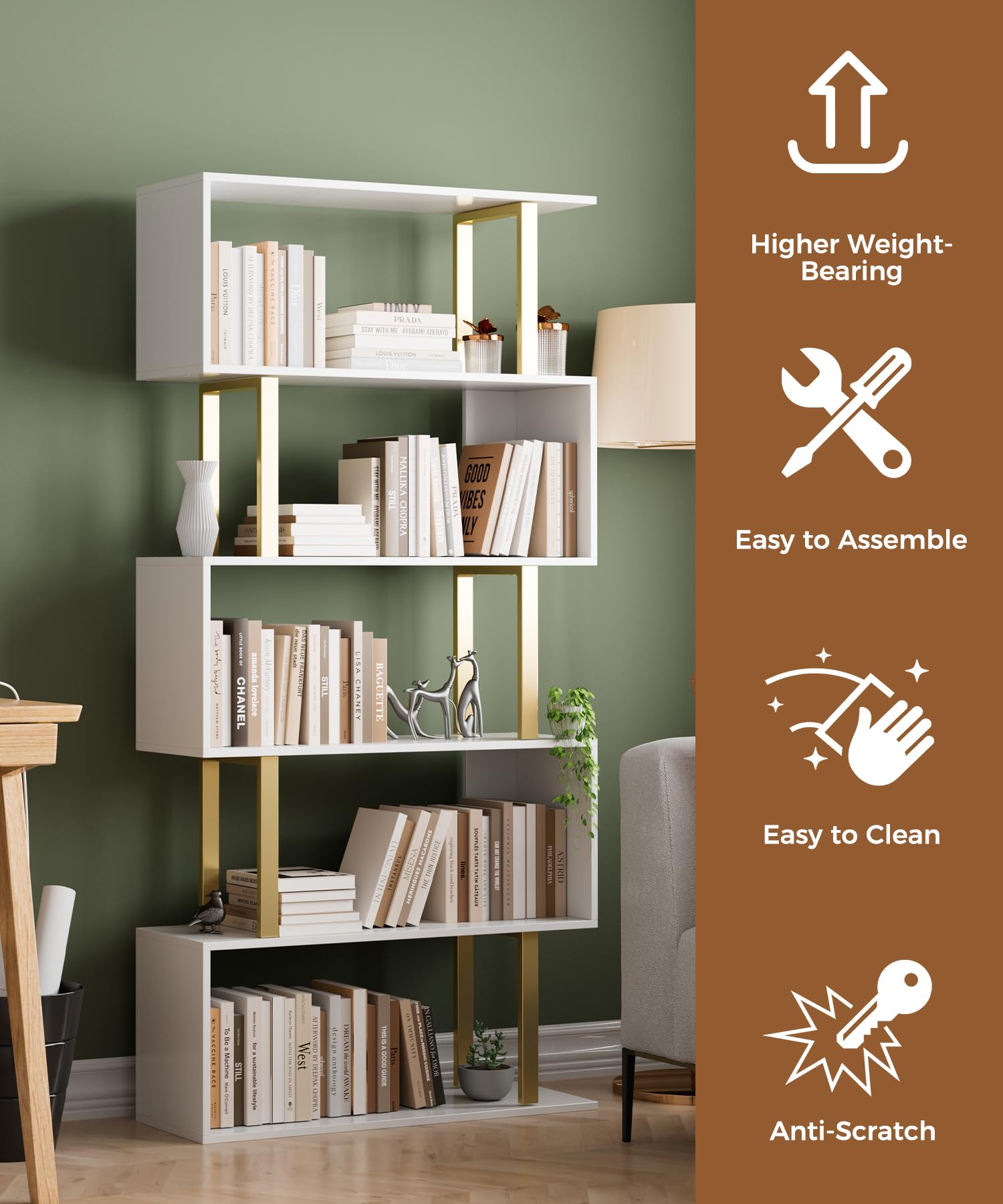 Gadroad 5-Tier Geometric Bookcase - Modern S-Shaped Wooden Bookshelf with Gold Finish, Freestanding Decorative Storage Shelf for Living Room & Bedroom | Perfect for Displaying Books, Decor & Collectibles