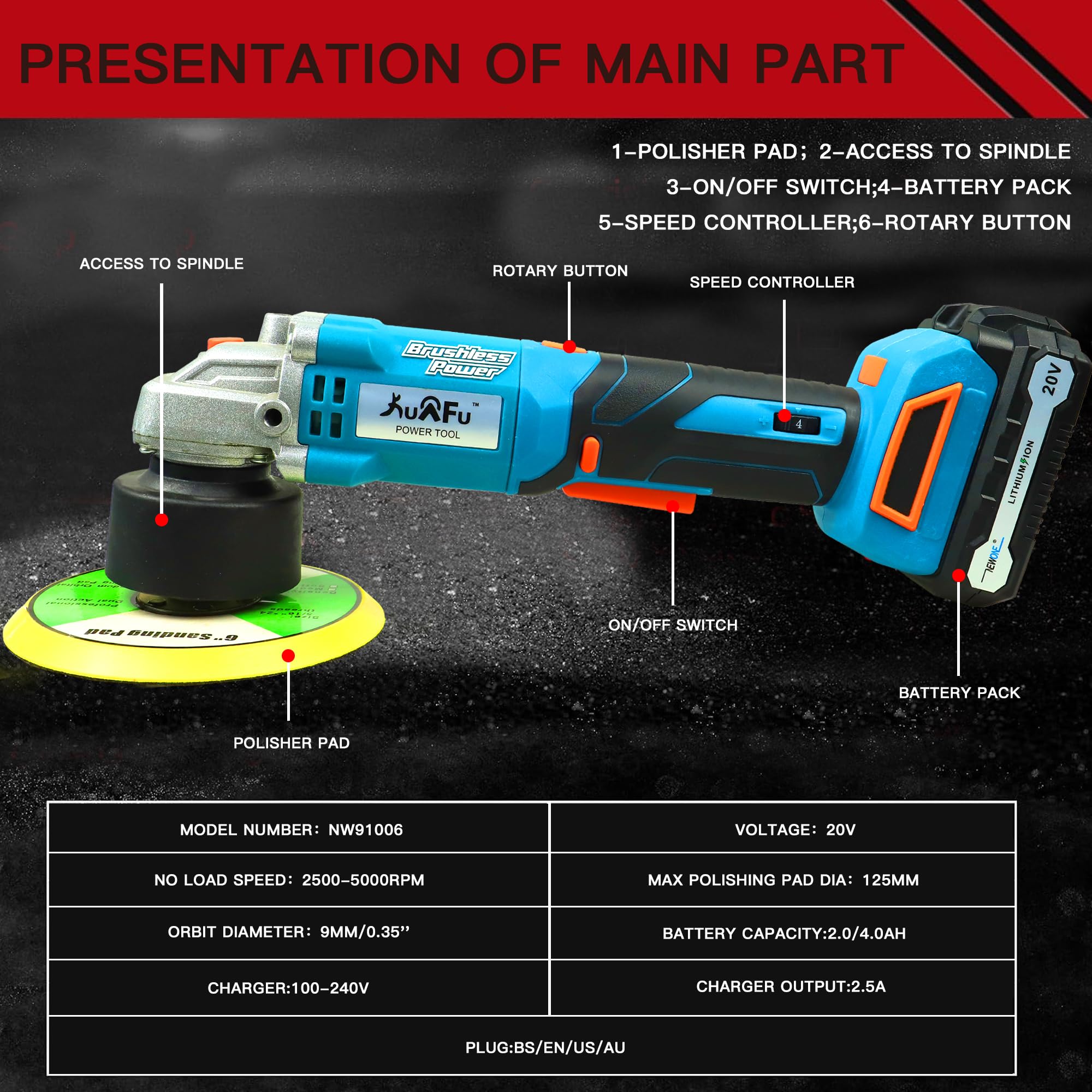 KuAFu 20V Brushless Cordless Car Polisher - 6 Inch Dual Action Buffer with 6 Variable Speeds, Anti-Vibration Handle, 4.0Ah Battery & 4 Pads for Waxing, Polishing & Scratch Removal - Perfect for Car Detailing, RV & Boat Maintenance