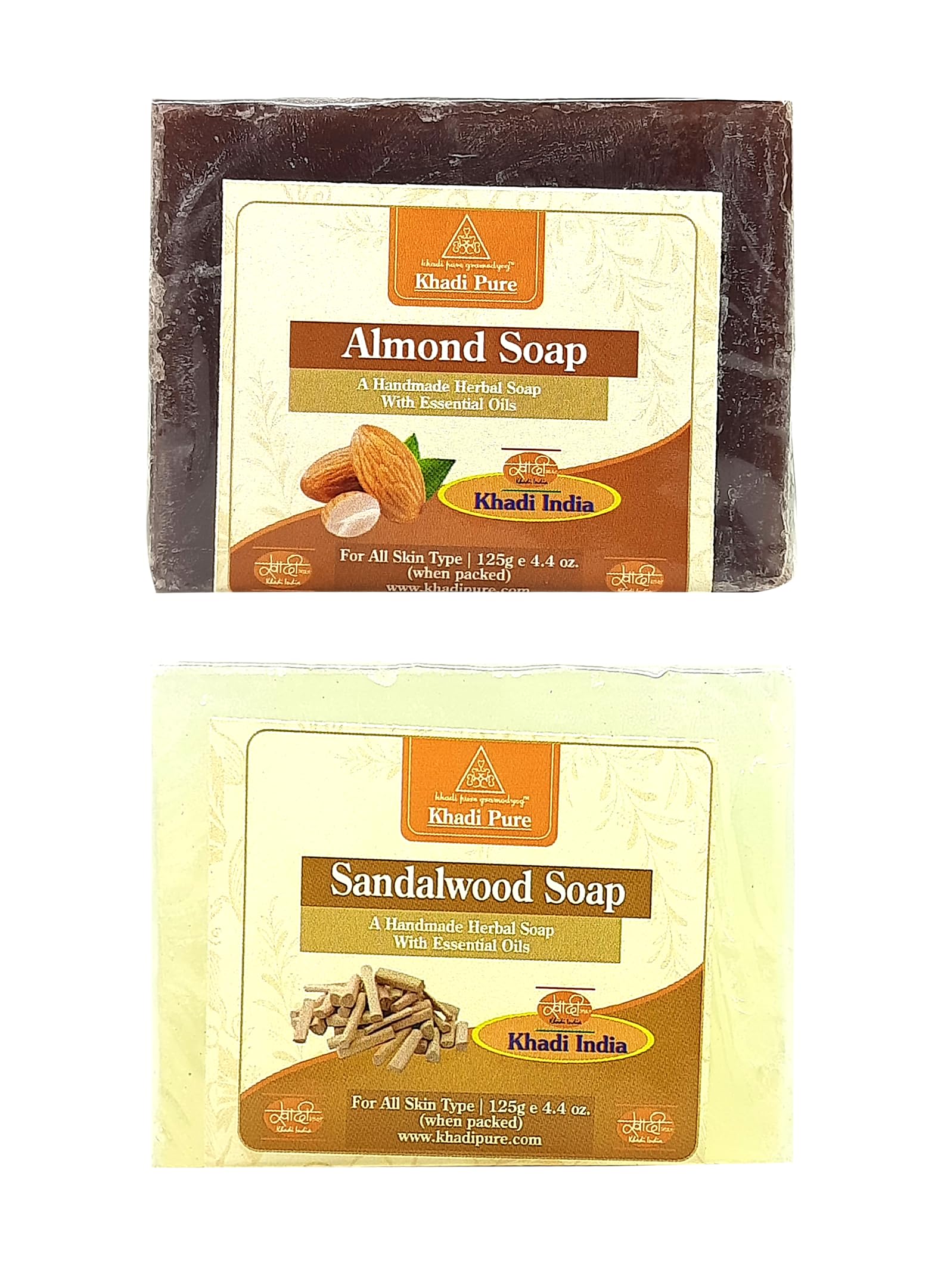 Khadi Pure Herbal Almond & Sandalwood Soap (125g) Pack of 2 (250g) - Natural Skin Cleansing & Moisturizing for Dry & Sensitive Skin - Perfect for Daily Face & Body Wash, Spa & Aromatherapy