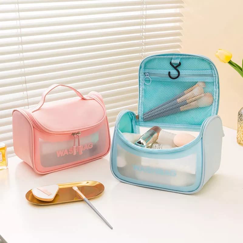 Shaktism Large Waterproof PVC Makeup Bag for Women - Multi-Functional Cosmetic Organizer with Hook, Travel Toiletry Case for Bath Accessories & Grooming Kit (Pink) | Perfect for Travel, Gym, College Dorm & Everyday Use