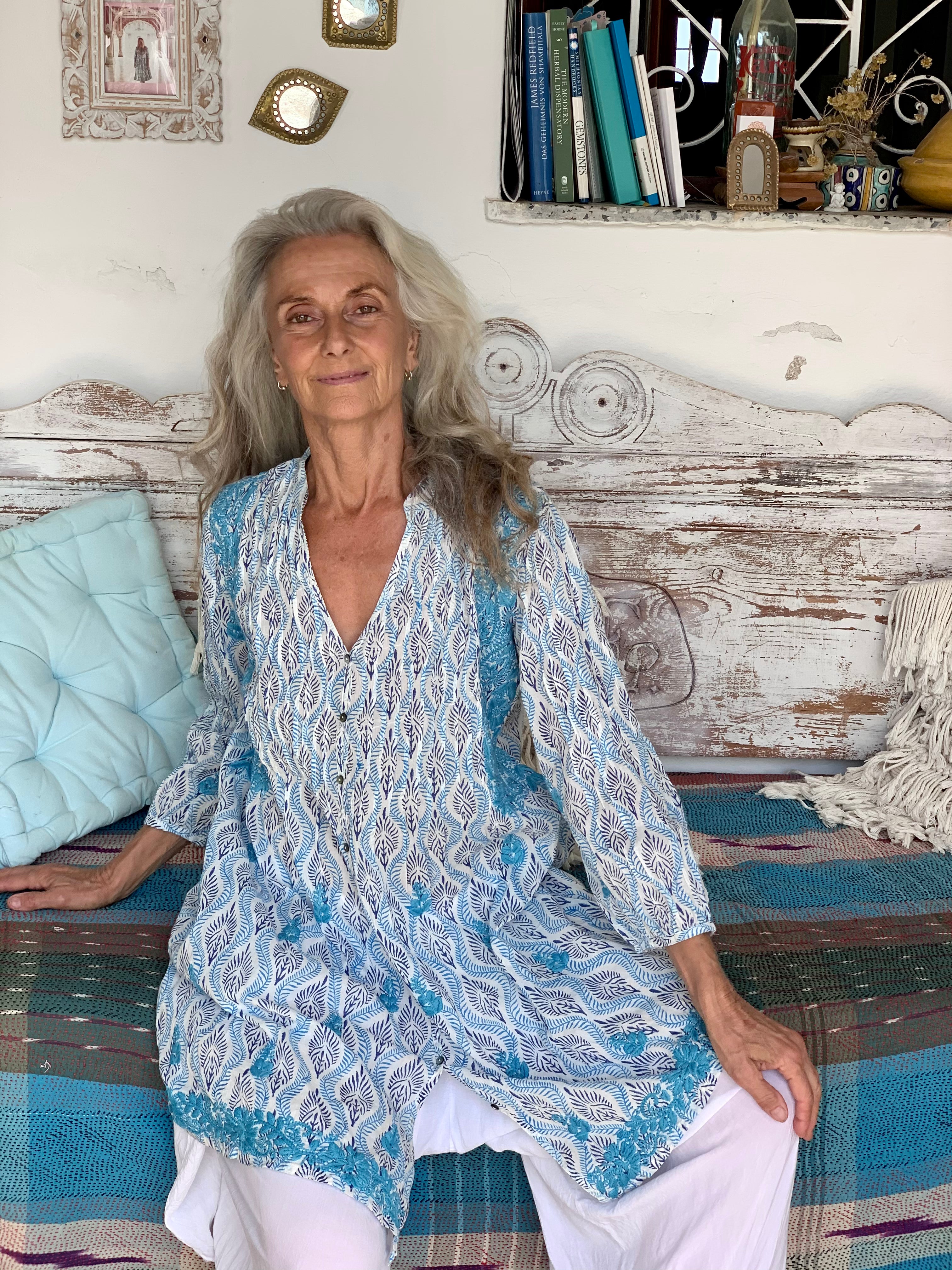 Handmade Brazilian Block Print Tunic in Blue and White - Boho Chic Summer Dress for Beach, Vacation & Casual Wear