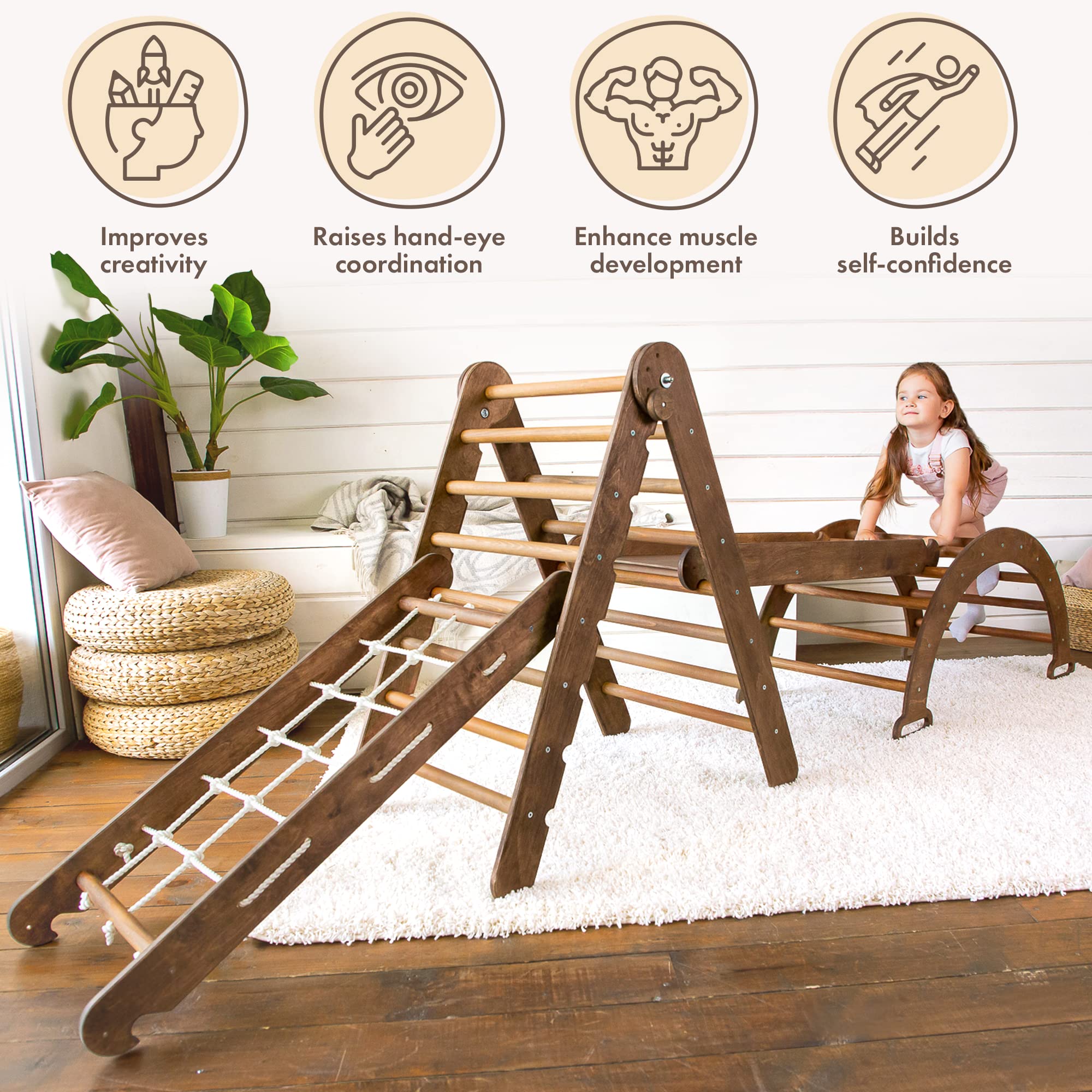 Montessori Climbing Set 4-in-1 for Kids - Wooden Climbing Triangle, Ramp, Arch & Ladder with Soft Choco Pillow | Indoor Play Equipment for Toddler Development & Home Gym