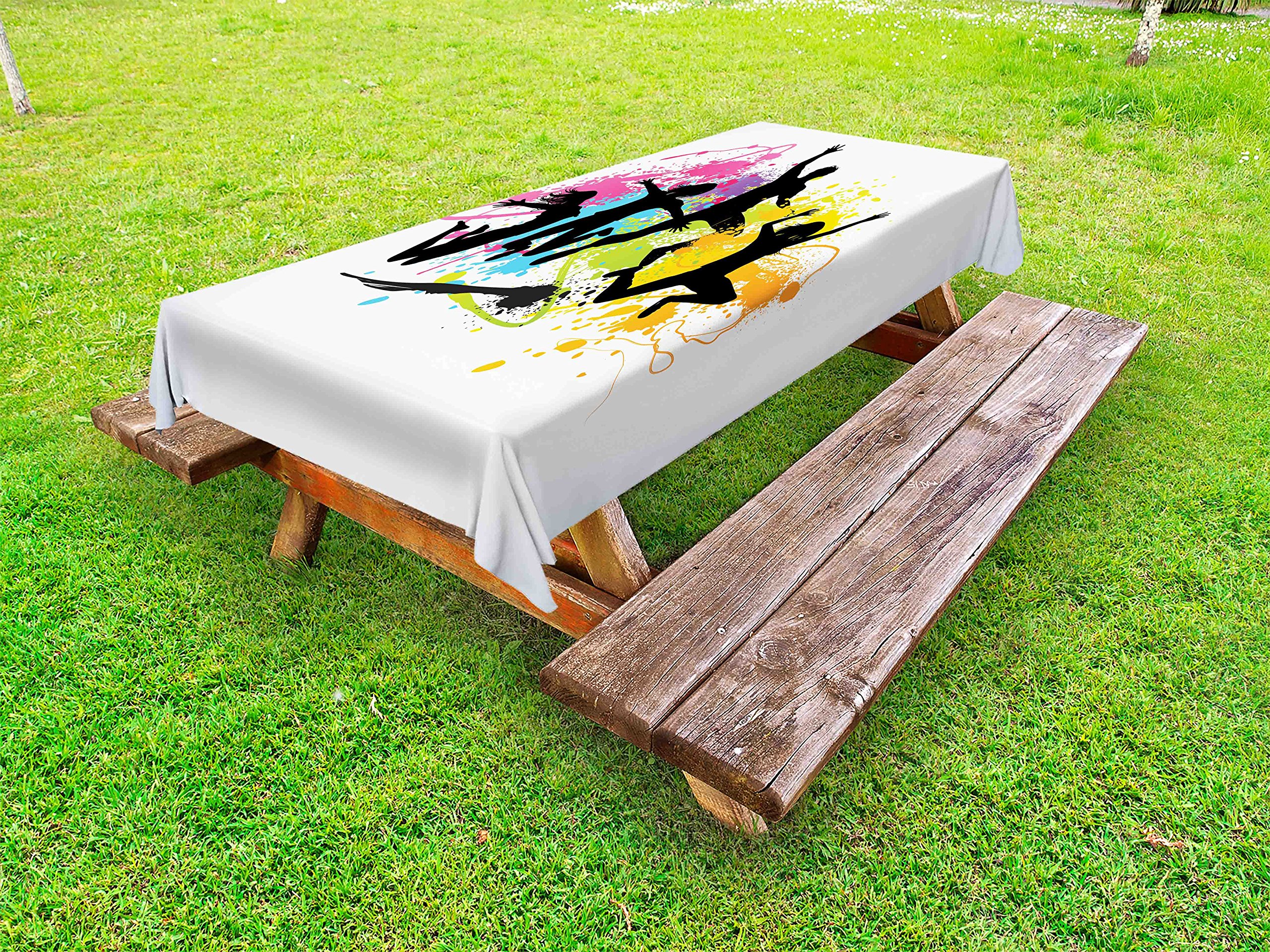 Ambesonne Washable Outdoor Picnic Tablecloth - Colorful Jumping People & Spray Paint Design, 58x120 Inches, Waterproof & Durable for Teens, Parties, BBQs, Camping, and Picnics