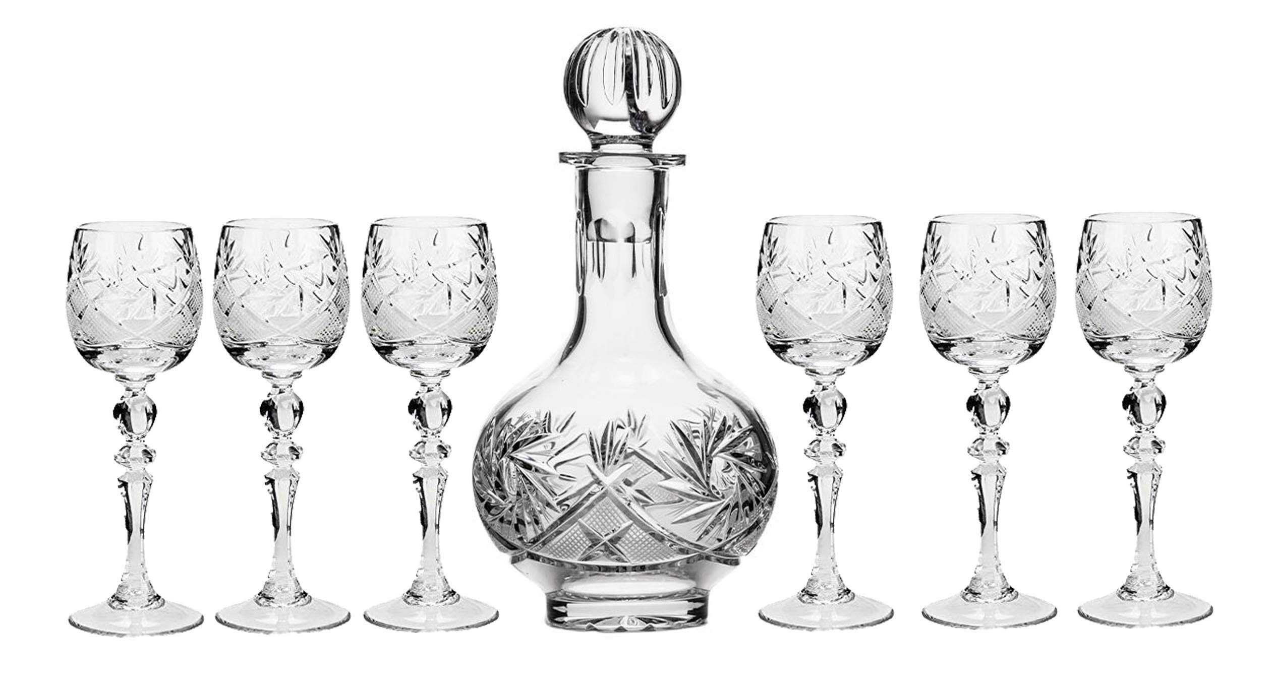 Vintage Russian Crystal 7-Piece Vodka Set - 16oz Decanter with 6 Shot Glasses, Elegant Old-Fashioned Glassware for Home Bar, Parties & Gifts (7565)