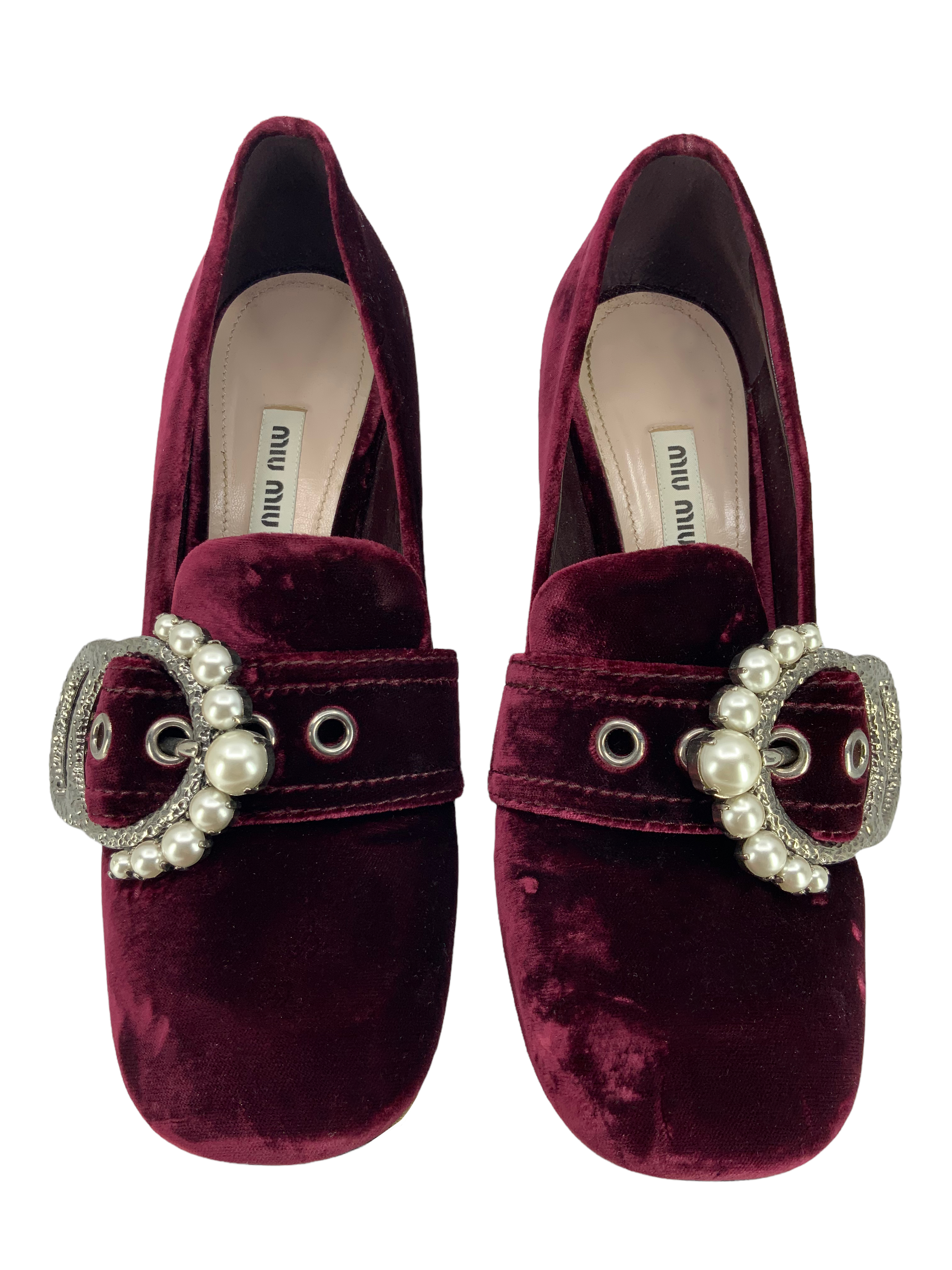 MIU MIU Pearly Buckle Velvet Pumps Women's Size 9 US - Elegant Evening Shoes for Parties, Weddings & Special Occasions