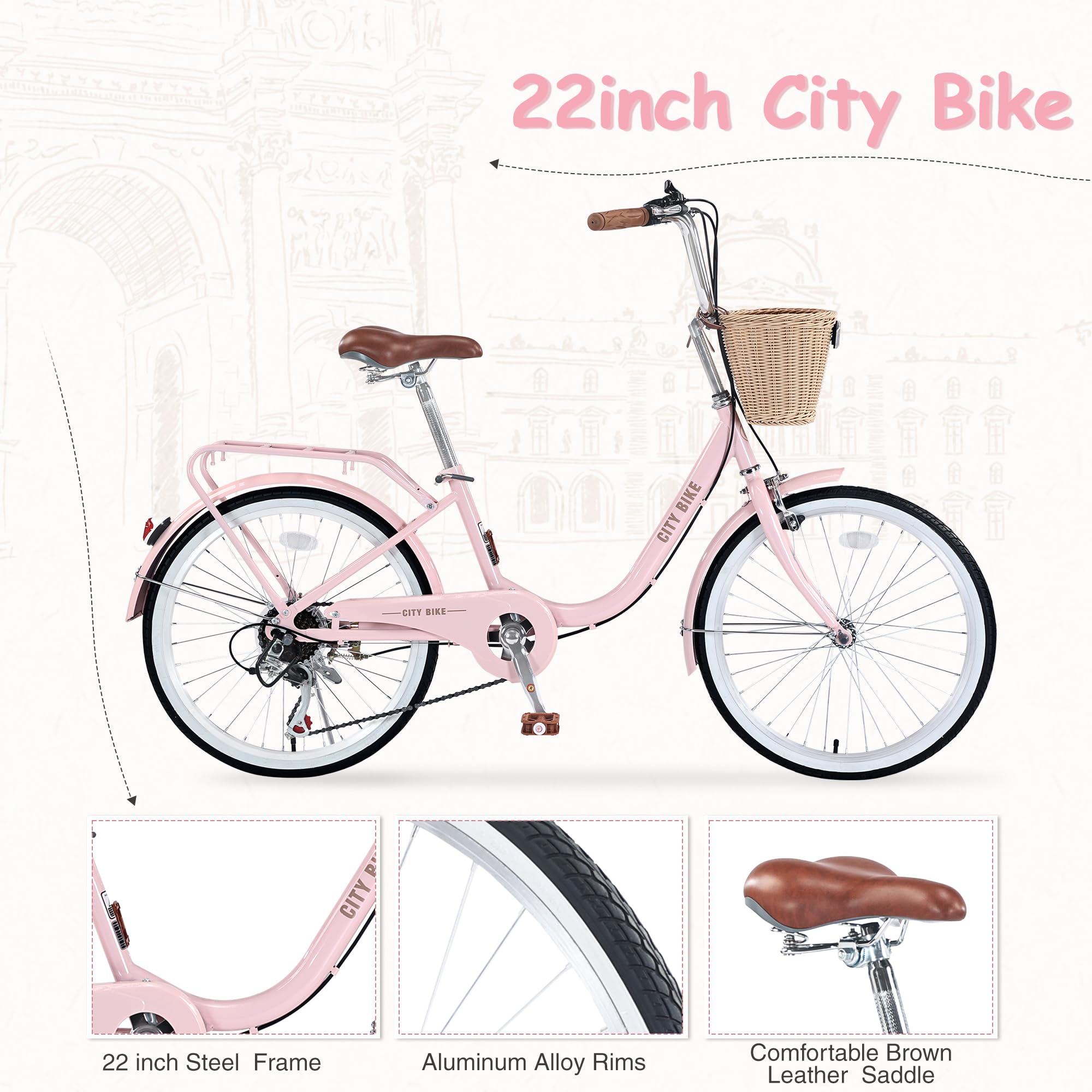 22/26 Inch Women's Beach Cruiser Bike - 7-Speed Hybrid Commuter Bicycle for Women & Men, Perfect for City Riding & Leisure - Available in 4 Colors